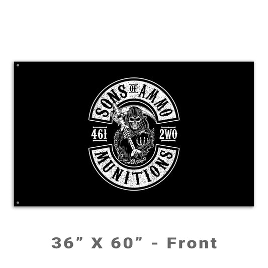 Sons of AMMO Grim Reaper Holding Pisspot and Missile with Sickle Blade 461 2W0 IYAAYAS Munitions Logo Black and White Double Sided Flag