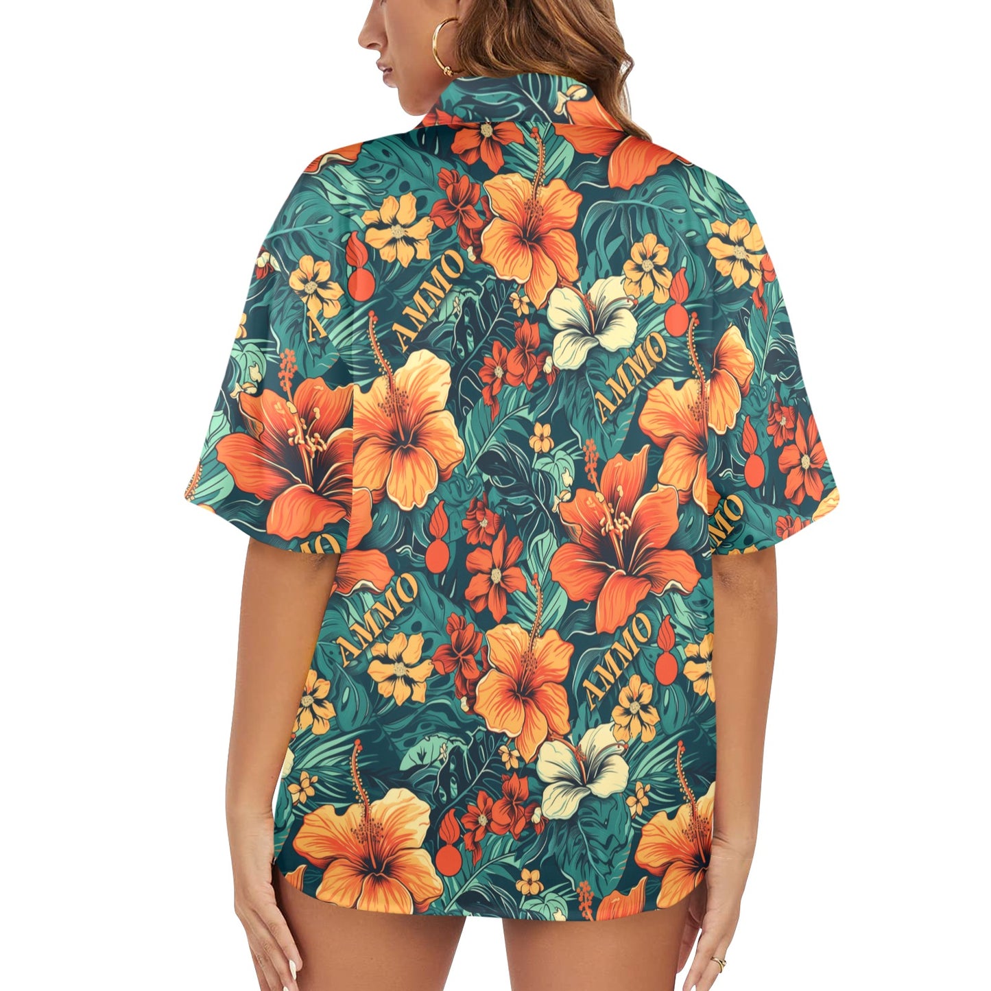 Orange Hibiscus Flowers Green Leaves AMMO Word and Pisspots Womens Hawaiian Shirt