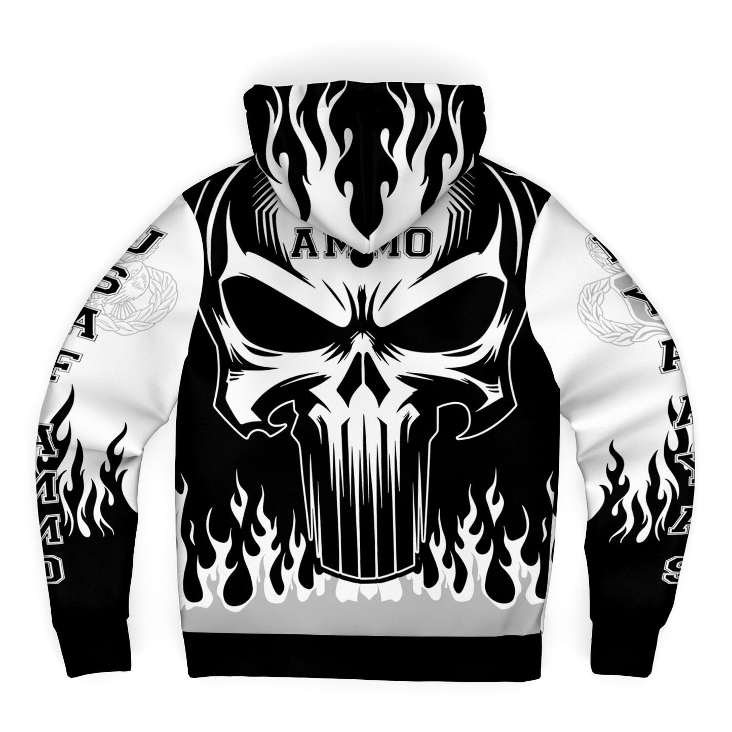 AMMO Skull Flames Black White Grey Microfleece Cold Weather Zip-Up Hoodie - All Over Print