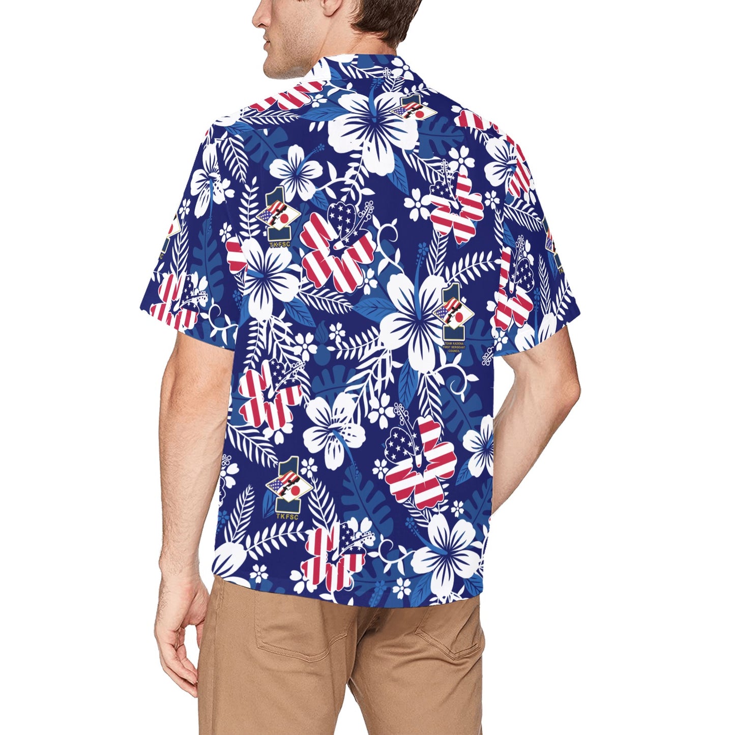 Patriotic American Flag Flowers and Leaves Team Kadena First Sergeant Council Hawaiian Mens Shirt With Left Chest Pocket