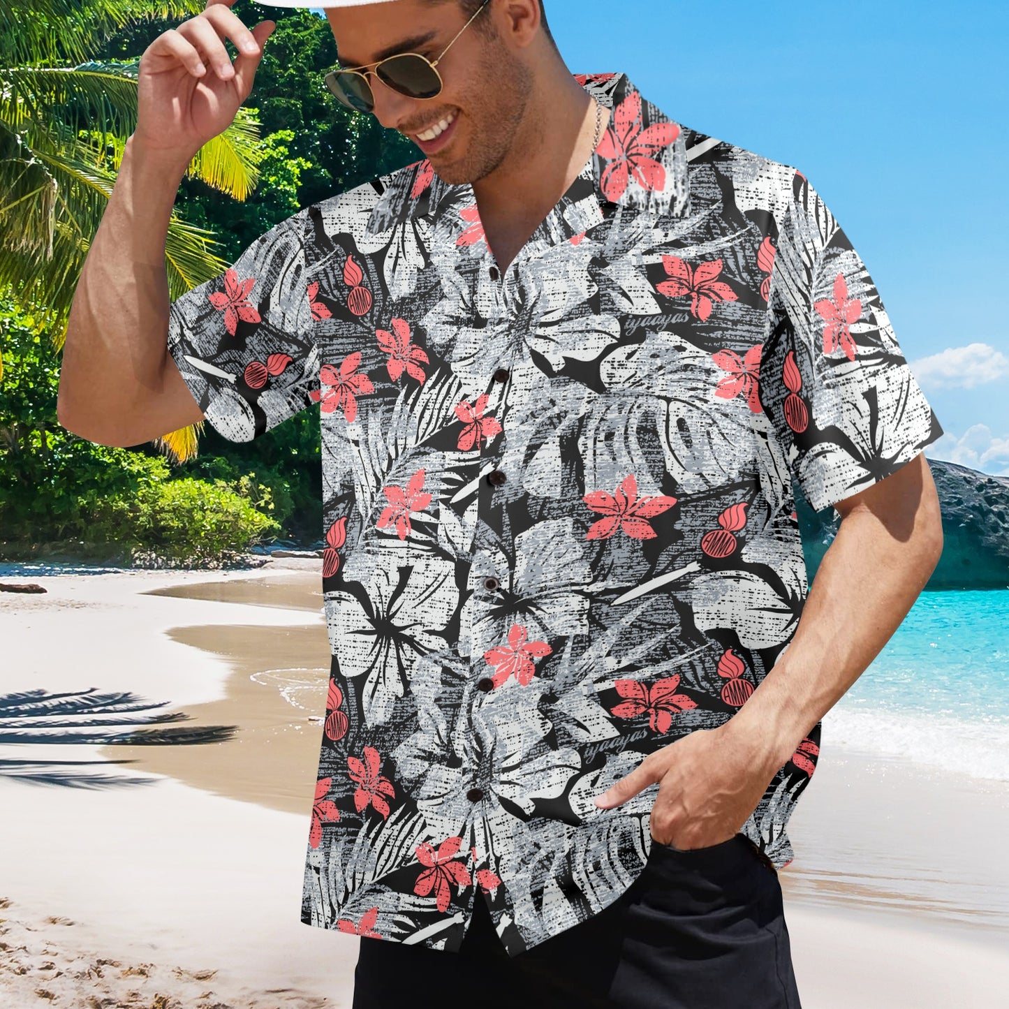 Black Grey and Light Red Flowers Pisspots Bombs and IYAAYAS Mens Hawaiian Shirt