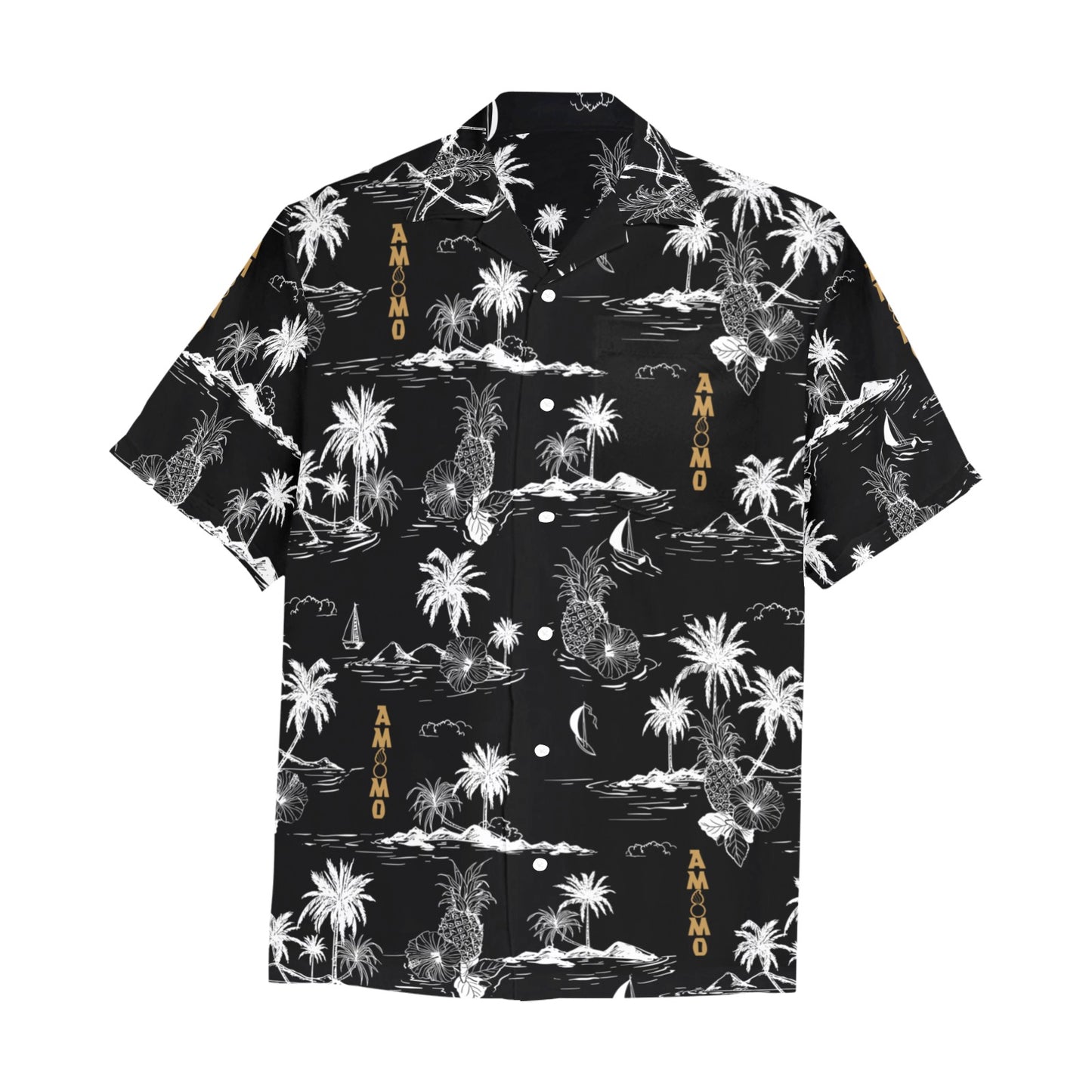 Black White Vintage Beach Scene AMMO Pisspot Mens Hawaiian Shirt With Front Left Pocket