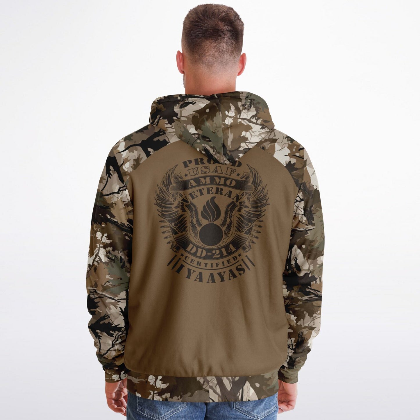 Brown Winter Leaf USAF AMMO Veteran DD-214 Certified Microfleece Cold Weather Zip-Up Hoodie - All Over Print