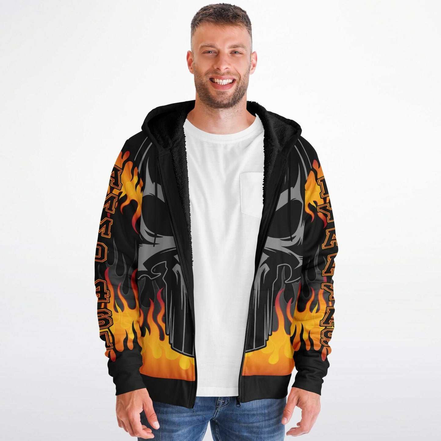 AMMO Skull Orange Flames Microfleece Cold Weather Zip-Up Hoodie - All Over Print