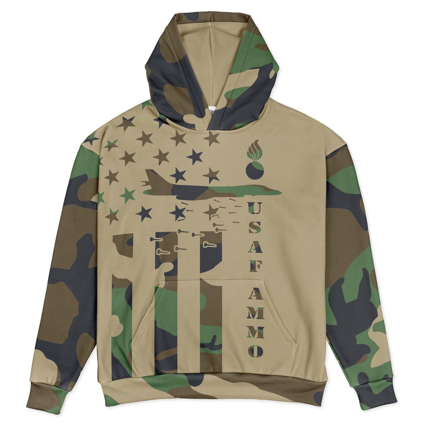 USAF AMMO Camouflage American Flag B-1 Bomber Pisspot IYAAYAS Heavyweight Oversized Cold Weather Pullover Hoodie - All Over Print