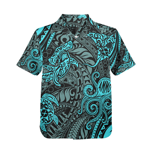 AMMO Black and Teal Tribal Pattern Sea Animals and Creatures Mens Hawaiian Shirt