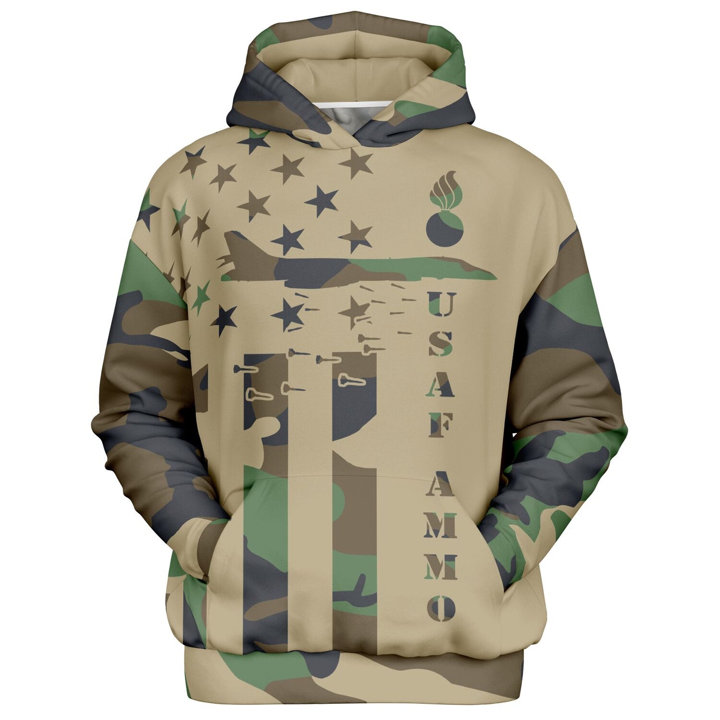 USAF AMMO Camouflage American Flag B-1 Bomber Pisspot IYAAYAS Heavyweight Oversized Cold Weather Pullover Hoodie - All Over Print