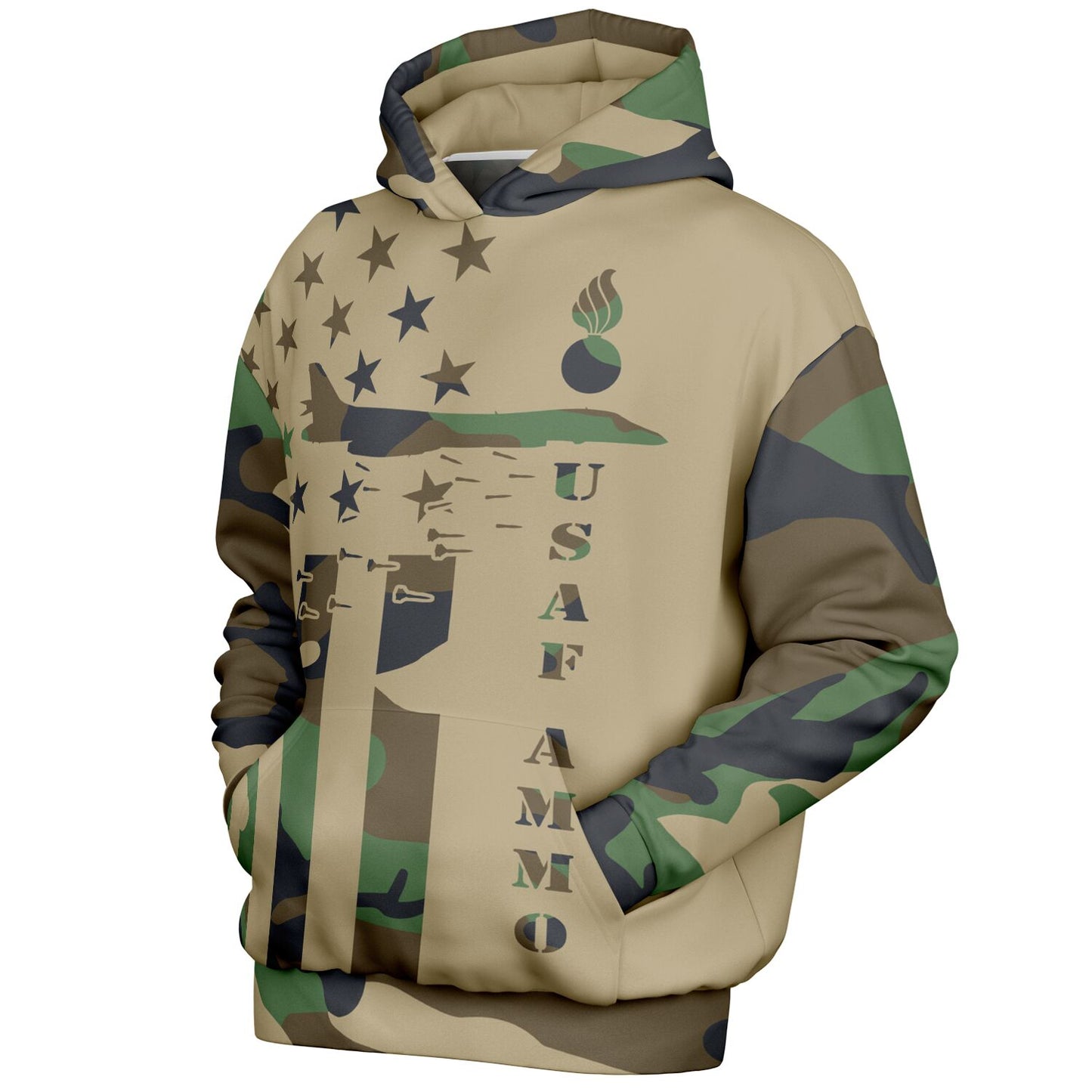 USAF AMMO Camouflage American Flag B-1 Bomber Pisspot IYAAYAS Heavyweight Oversized Cold Weather Pullover Hoodie - All Over Print