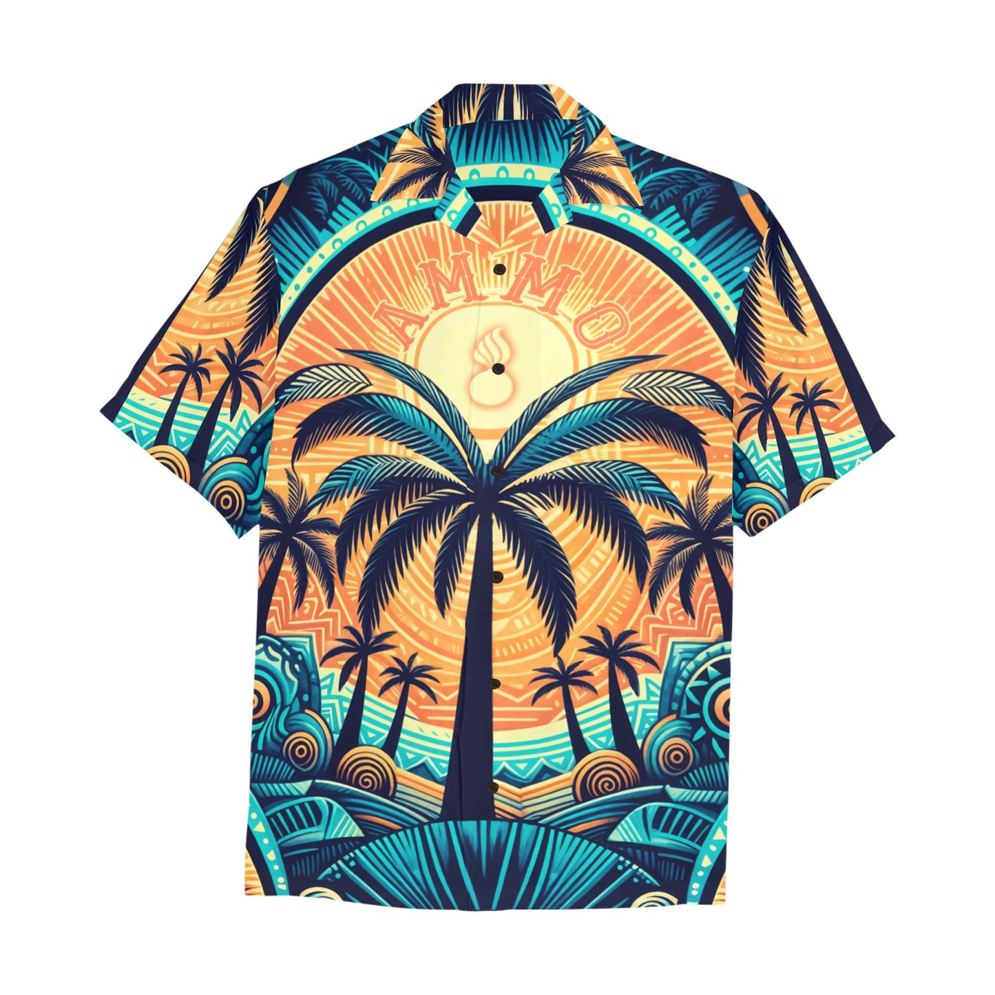 AMMO Pisspot Sun Palm Tree Circular Bright Logo Mens Hawaiian Shirt With Front Left Pocket