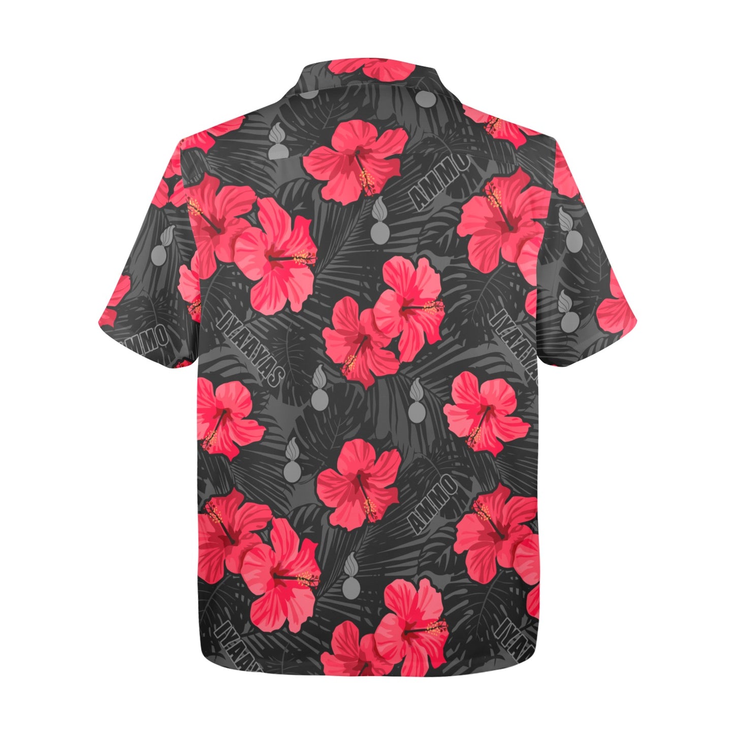 Pink Red Grey Black Flowers Leaves AMMO and IYAAYAS Mens Hawaiian Shirt