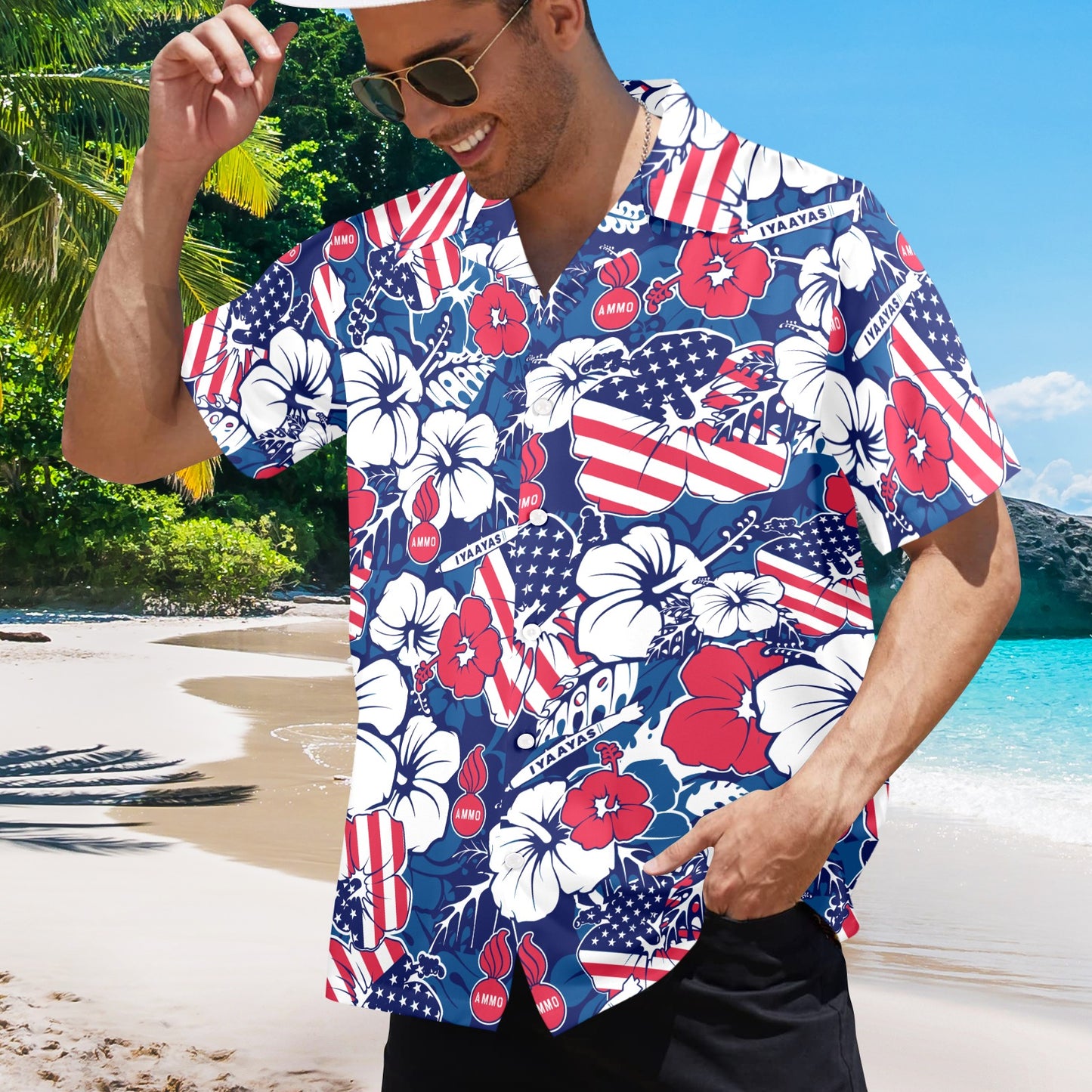 USAF AMMO Red White and Blue Patriotic American Flag Pisspots Bombs IYAAYAS Mens Hawaiian Shirt