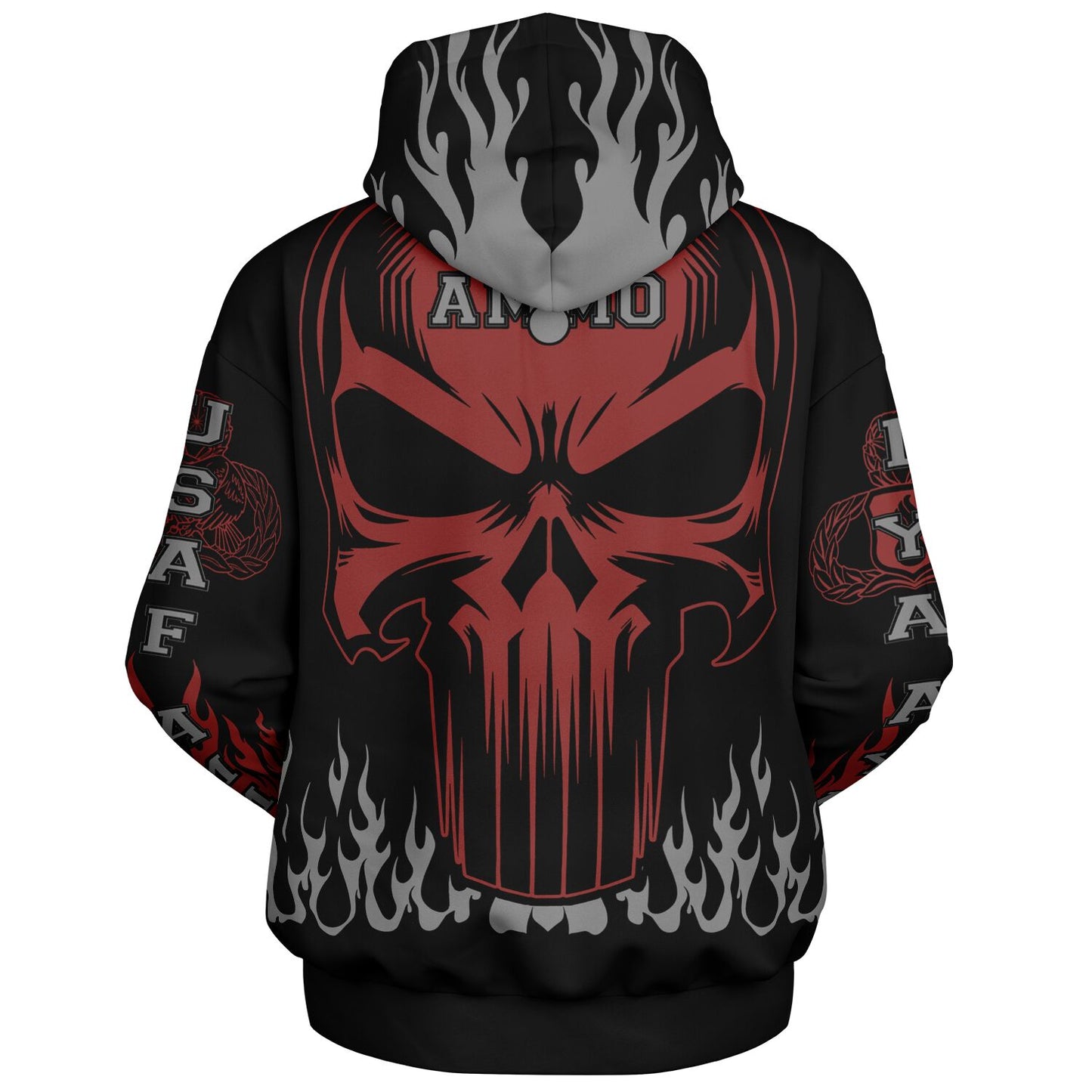 AMMO Skull Flames Black Red Grey Heavyweight Oversized Cold Weather Pullover Hoodie - All Over Print