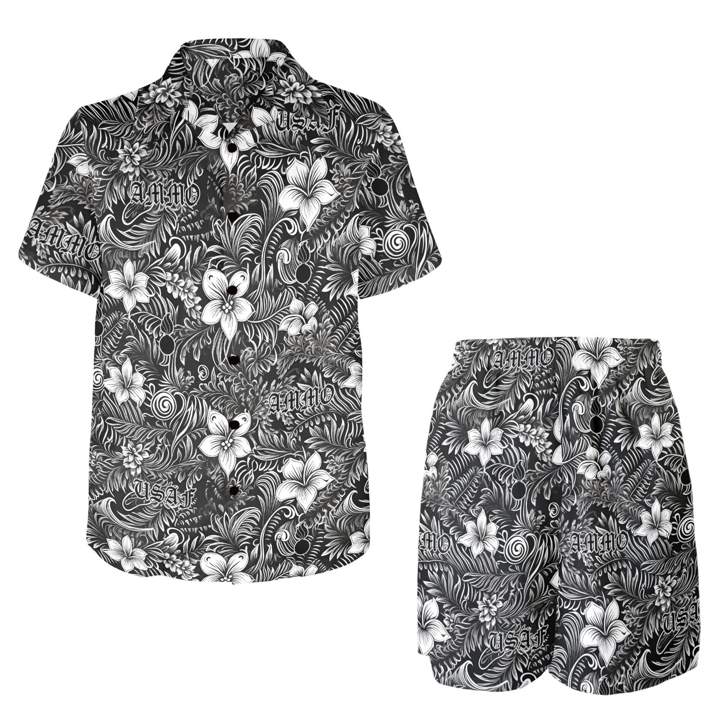 USAF AMMO Badass Black and White Flowers and Pisspots Hawaiian Shirt and Shorts Combo Set with Left Chest Pocket