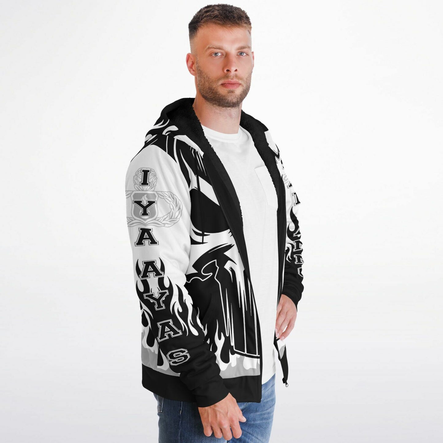 AMMO Skull Flames Black White Grey Microfleece Cold Weather Zip-Up Hoodie - All Over Print