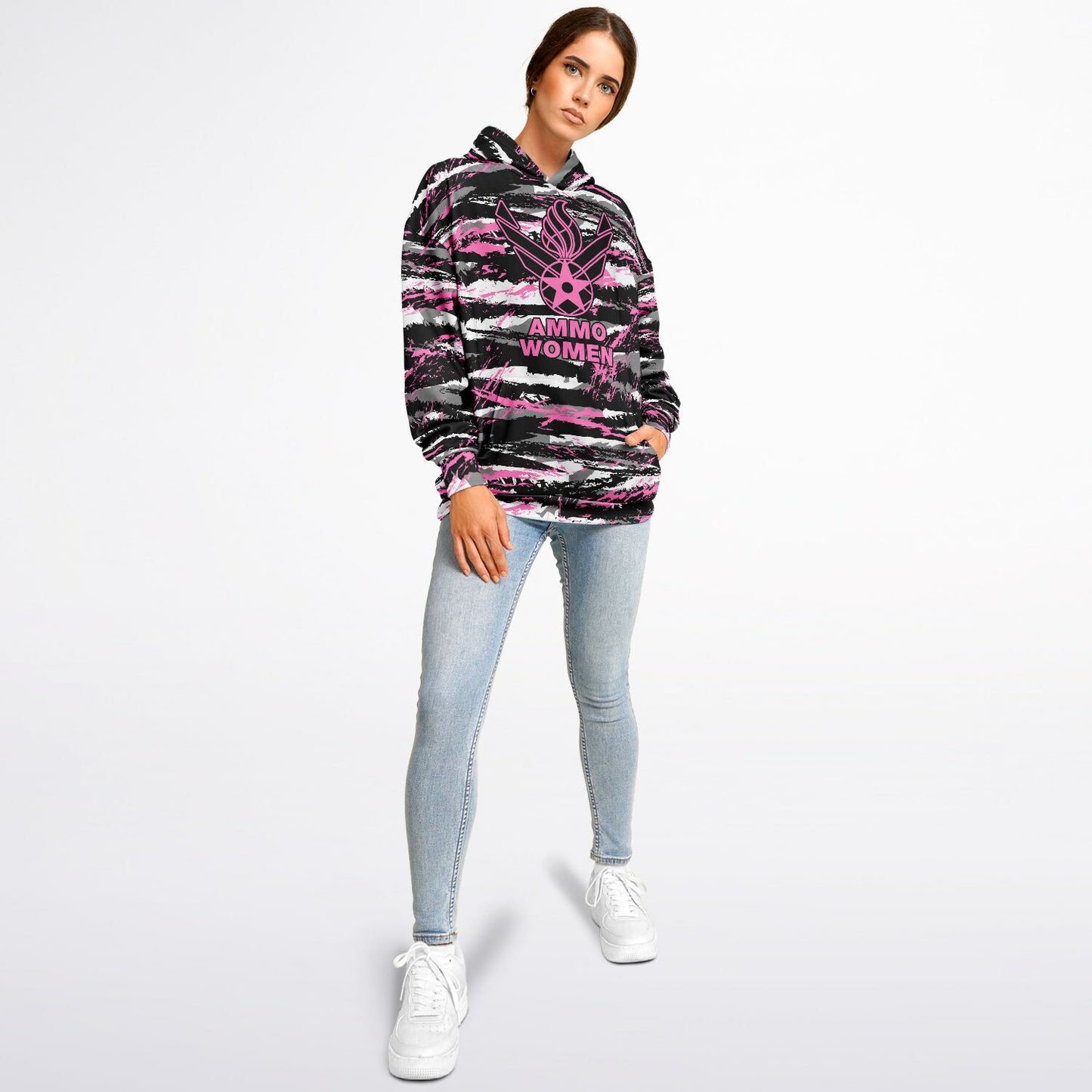 USAF AMMO Women Pink Tiger Stripe Camouflage Heavyweight Oversized Cold Weather Pullover Hoodie - All Over Print