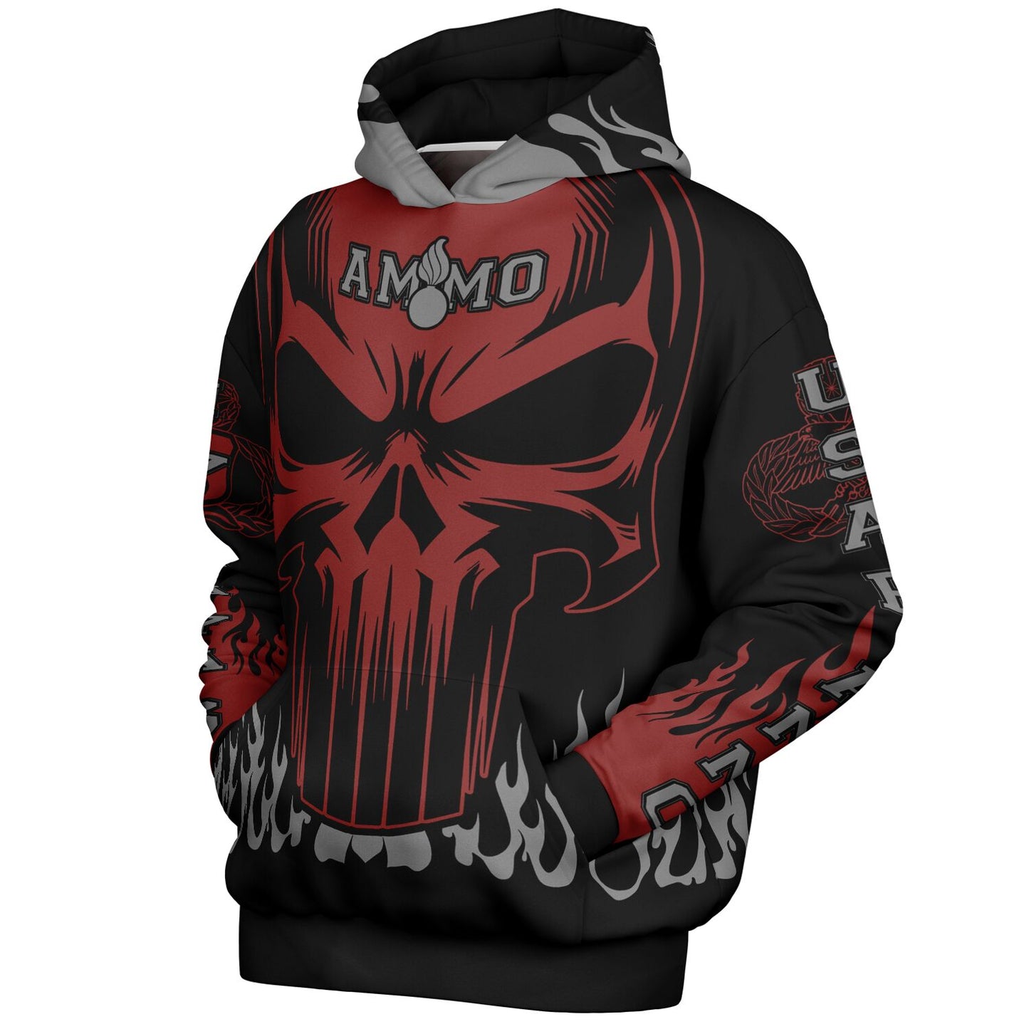 AMMO Skull Flames Black Red Grey Heavyweight Oversized Cold Weather Pullover Hoodie - All Over Print