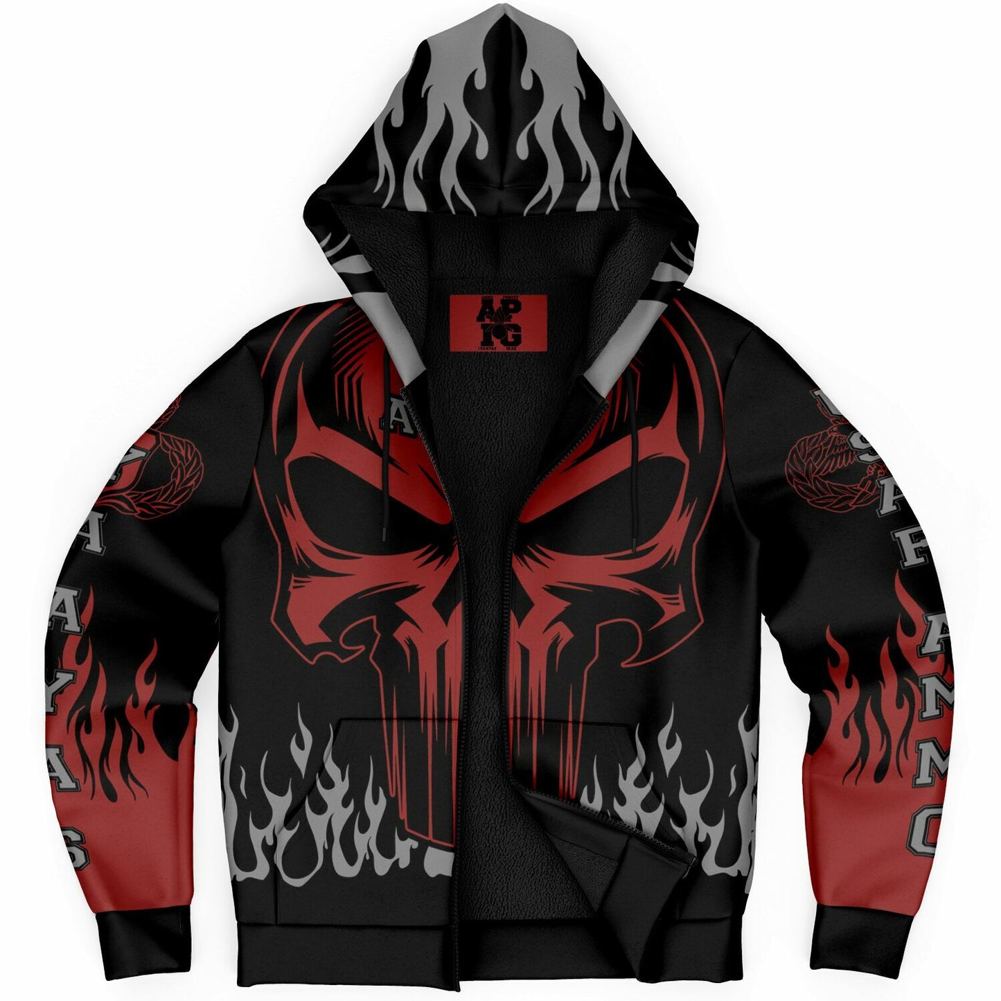 AMMO Skull Flames Black Red Grey Microfleece Cold Weather Zip-Up Hoodie - All Over Print