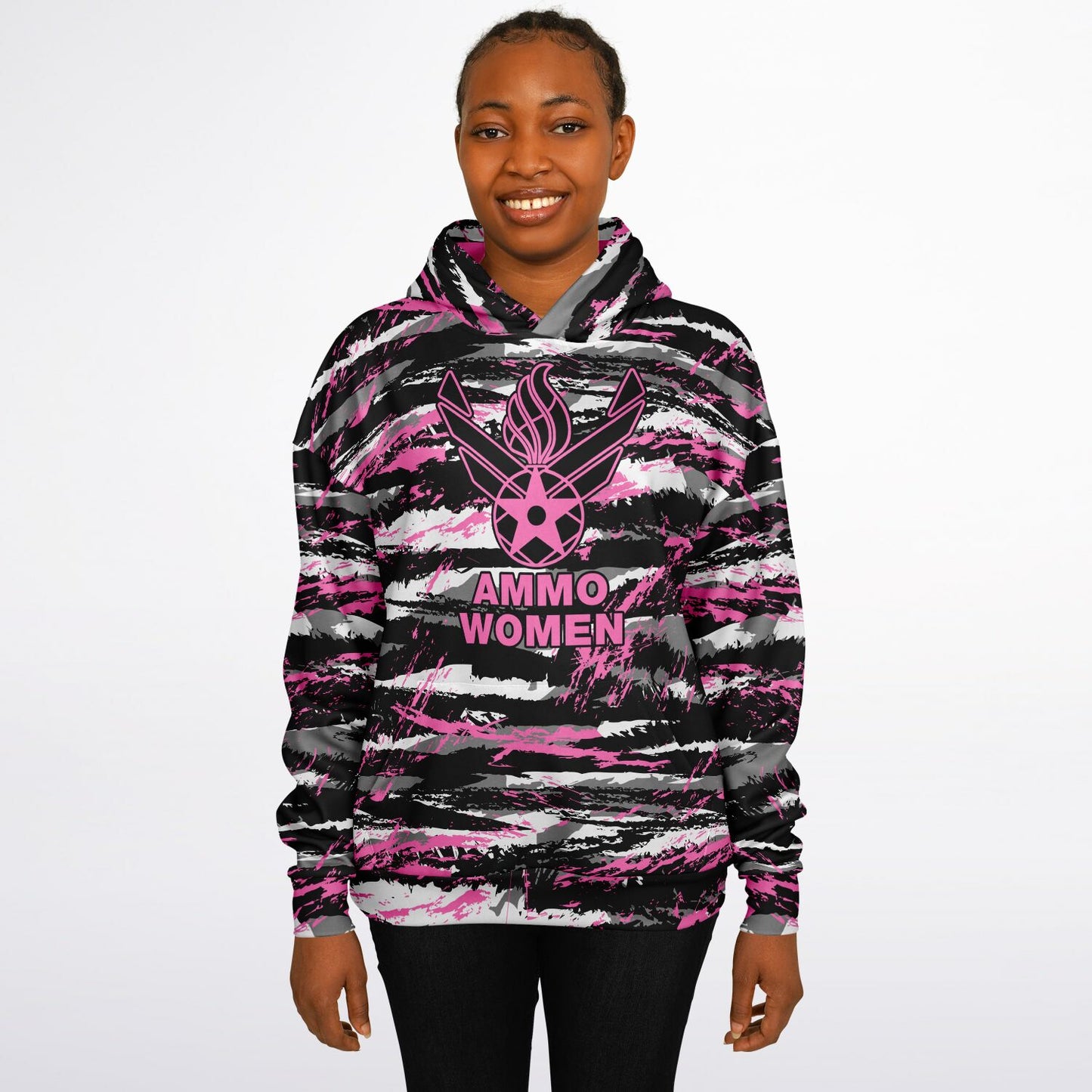 USAF AMMO Women Pink Tiger Stripe Camouflage Heavyweight Oversized Cold Weather Pullover Hoodie - All Over Print