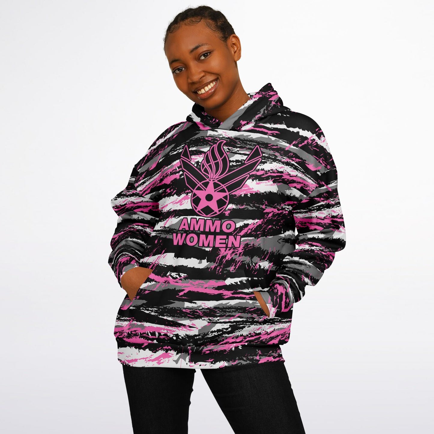 USAF AMMO Women Pink Tiger Stripe Camouflage Heavyweight Oversized Cold Weather Pullover Hoodie - All Over Print