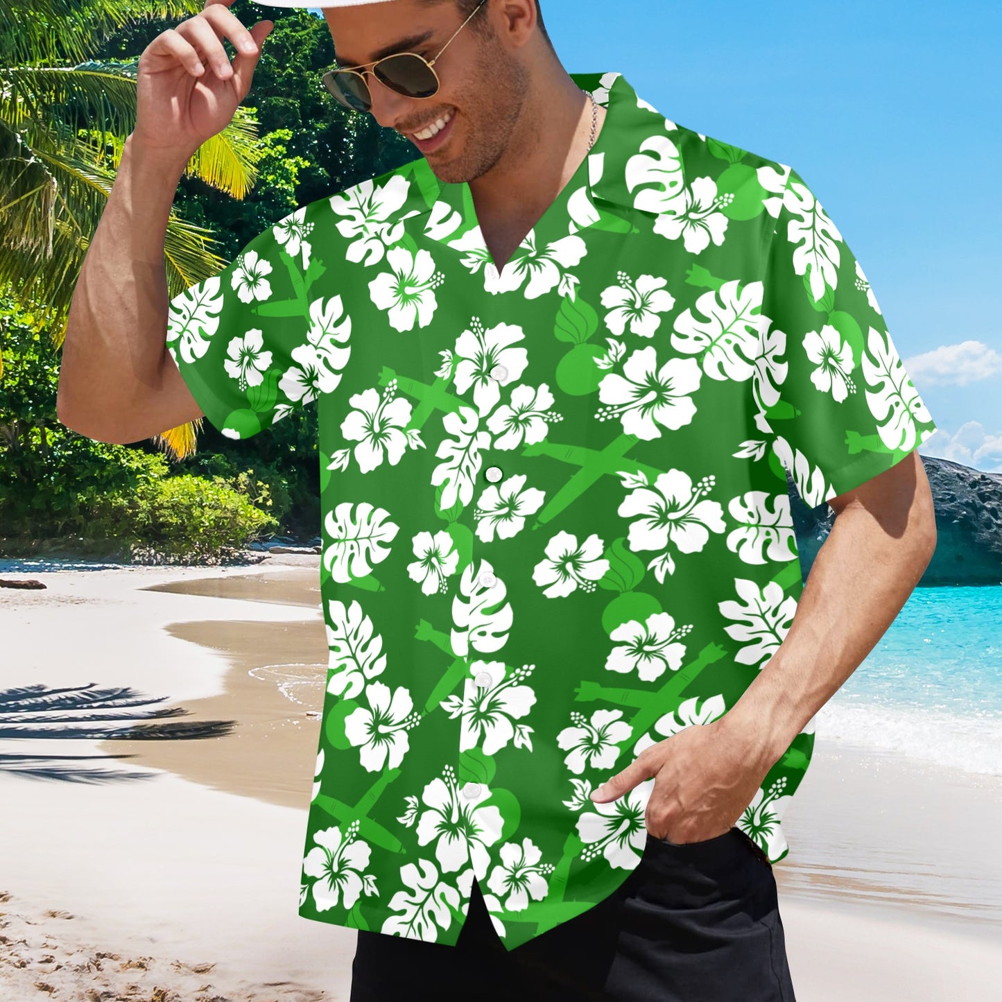 USAF AMMO Green with White Hibiscus Flowers Pisspots and Crossed Bombs Mens Hawaiian Shirt