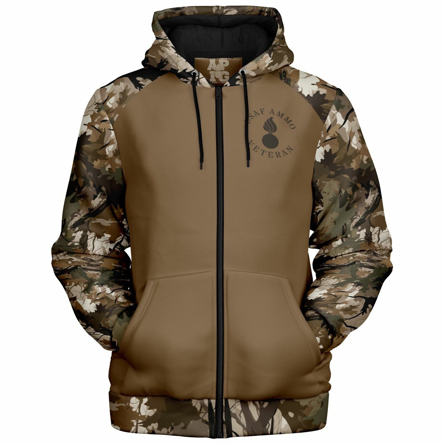 Brown Winter Leaf USAF AMMO Veteran DD-214 Certified Microfleece Cold Weather Zip-Up Hoodie - All Over Print