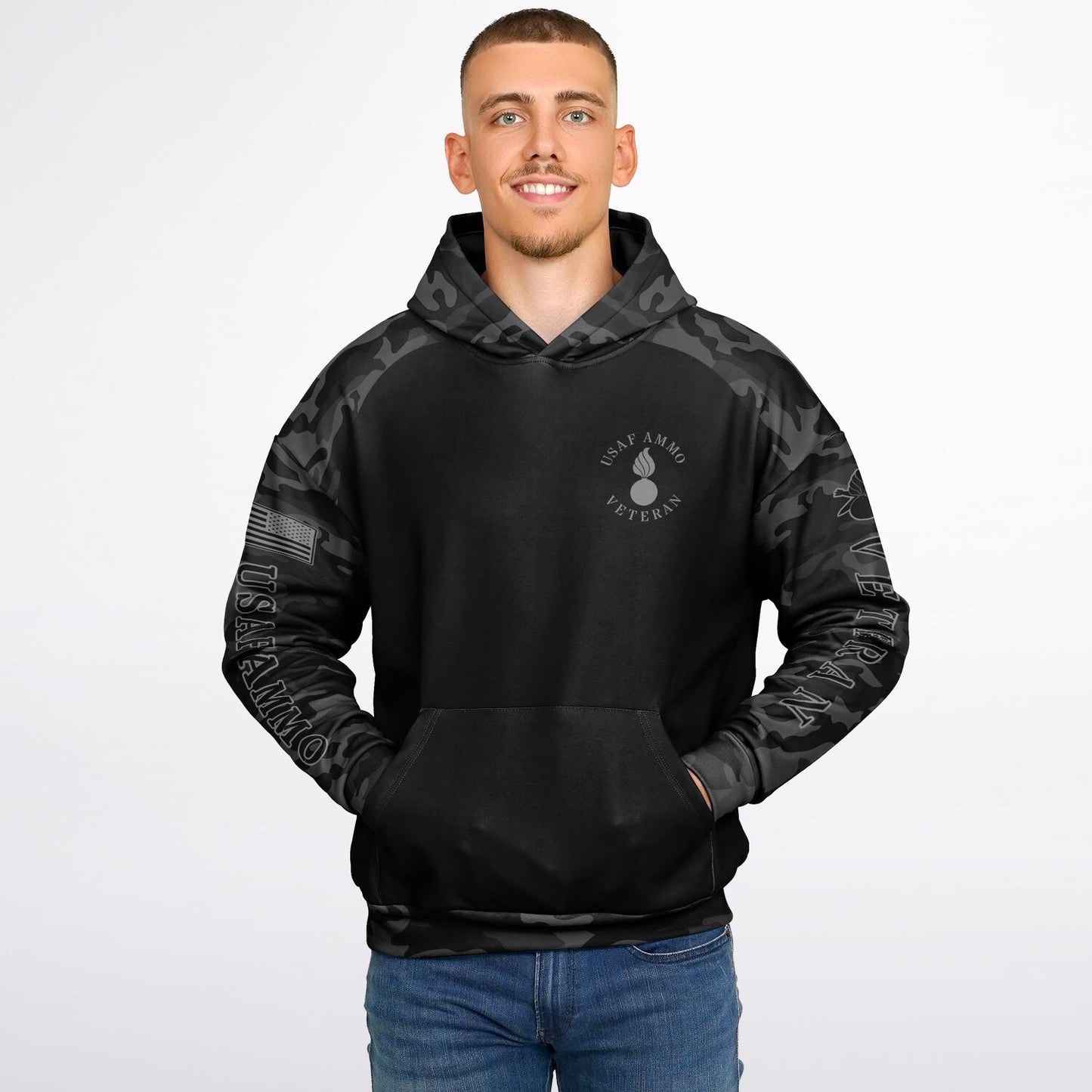 Black and Grey USAF AMMO Veteran DD-214 Heavyweight Oversized Cold Weather Pullover Hoodie - All Over Print