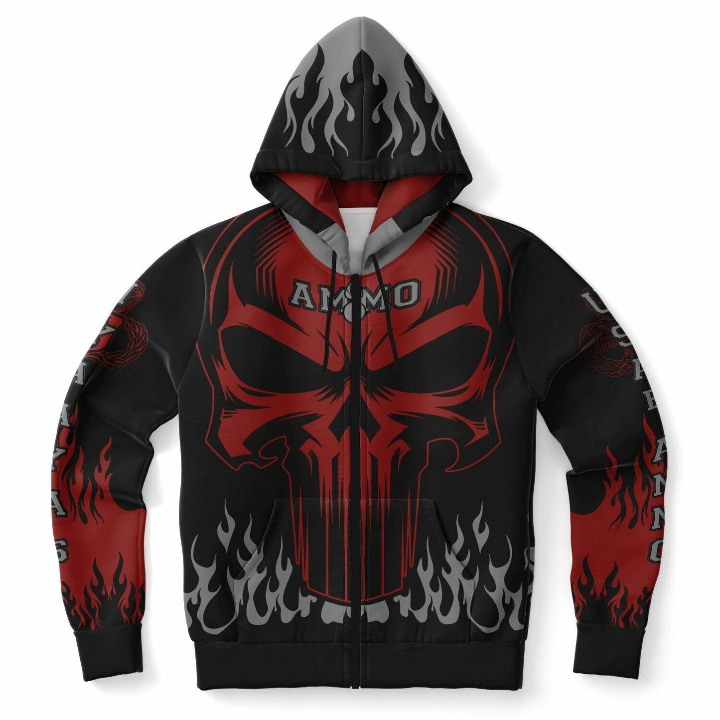 AMMO Skull Flames Black Red Grey Fashion Zip-Up Hoodie - All Over Print