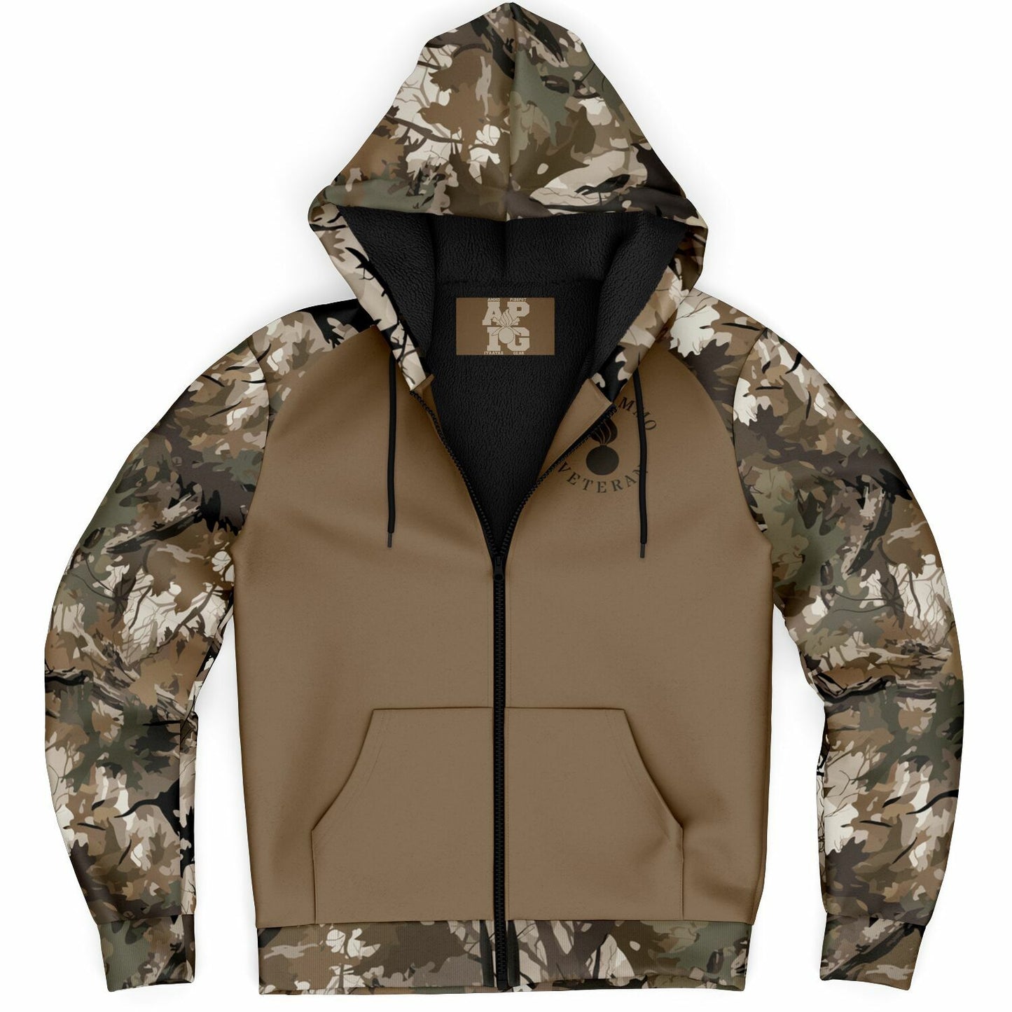 Brown Winter Leaf USAF AMMO Veteran DD-214 Certified Microfleece Cold Weather Zip-Up Hoodie - All Over Print