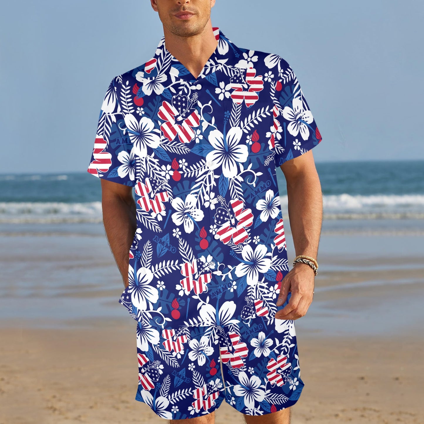USAF AMMO Patriotic Hawaiian Shirt and Shorts Combo Set with Left Chest Pocket