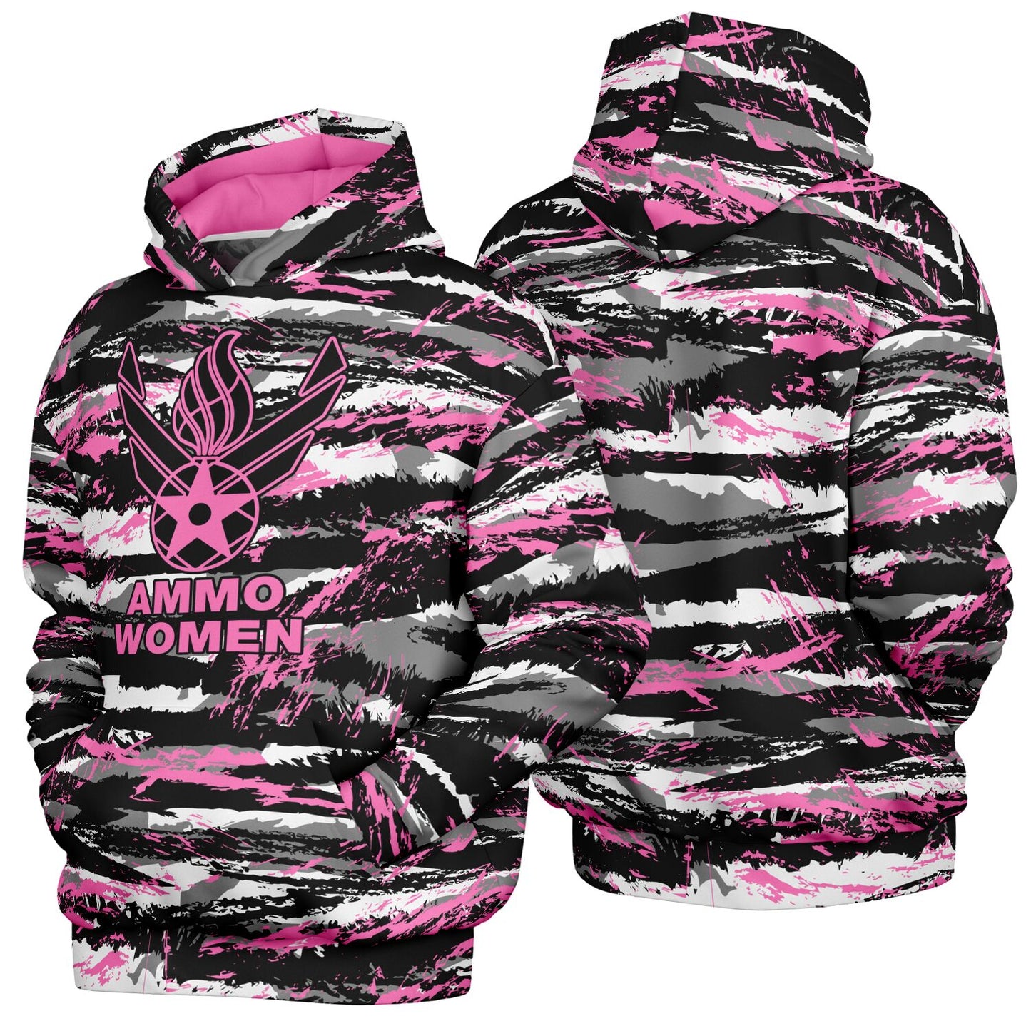 USAF AMMO Women Pink Tiger Stripe Camouflage Heavyweight Oversized Cold Weather Pullover Hoodie - All Over Print