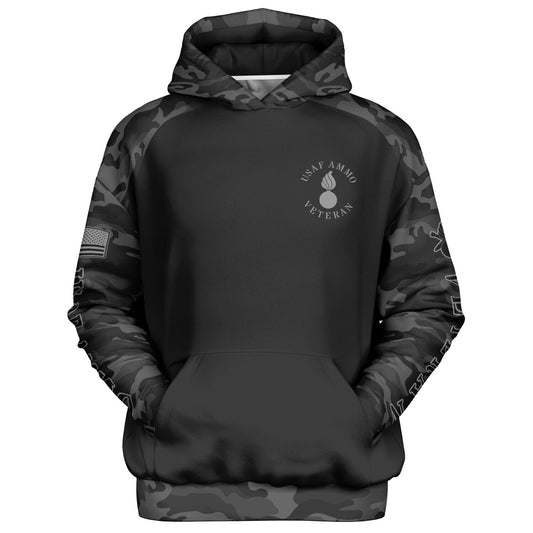 Black and Grey USAF AMMO Veteran DD-214 Heavyweight Oversized Cold Weather Pullover Hoodie - All Over Print