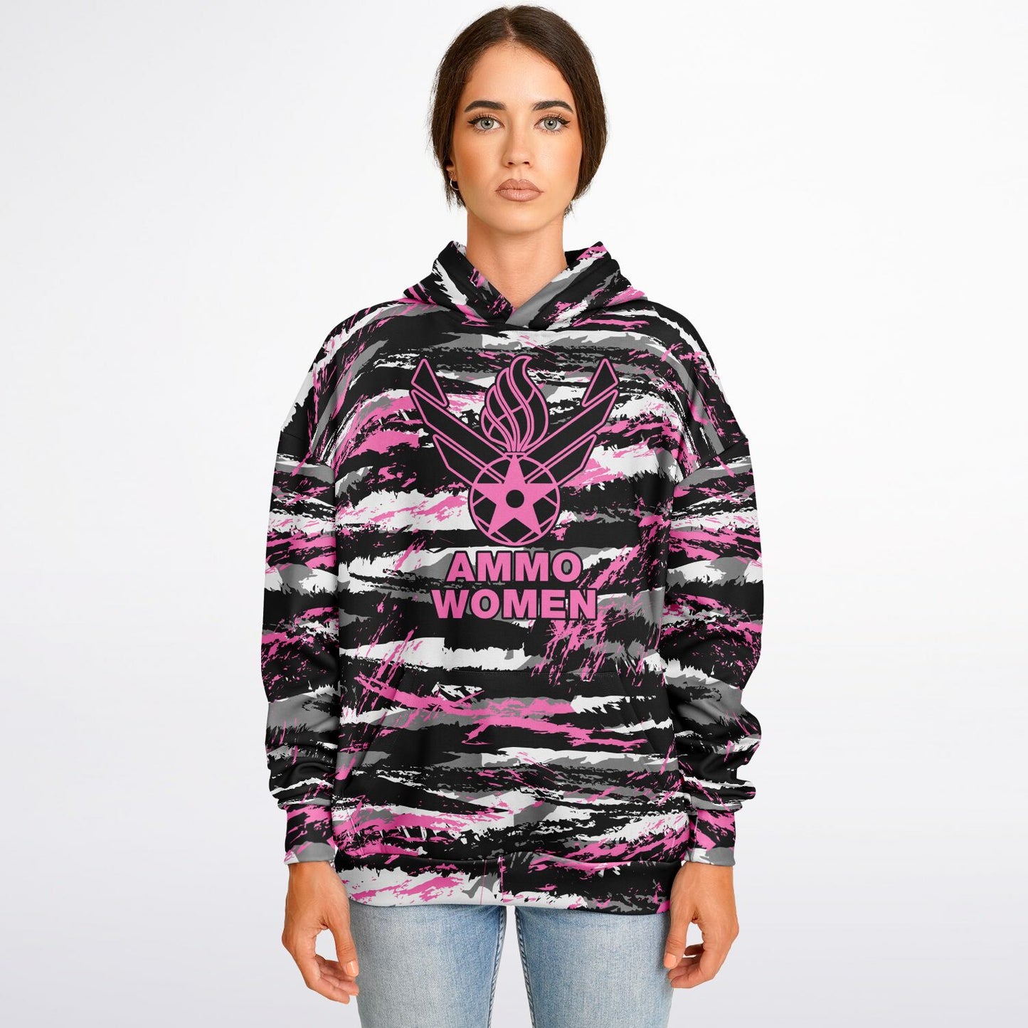 USAF AMMO Women Pink Tiger Stripe Camouflage Heavyweight Oversized Cold Weather Pullover Hoodie - All Over Print