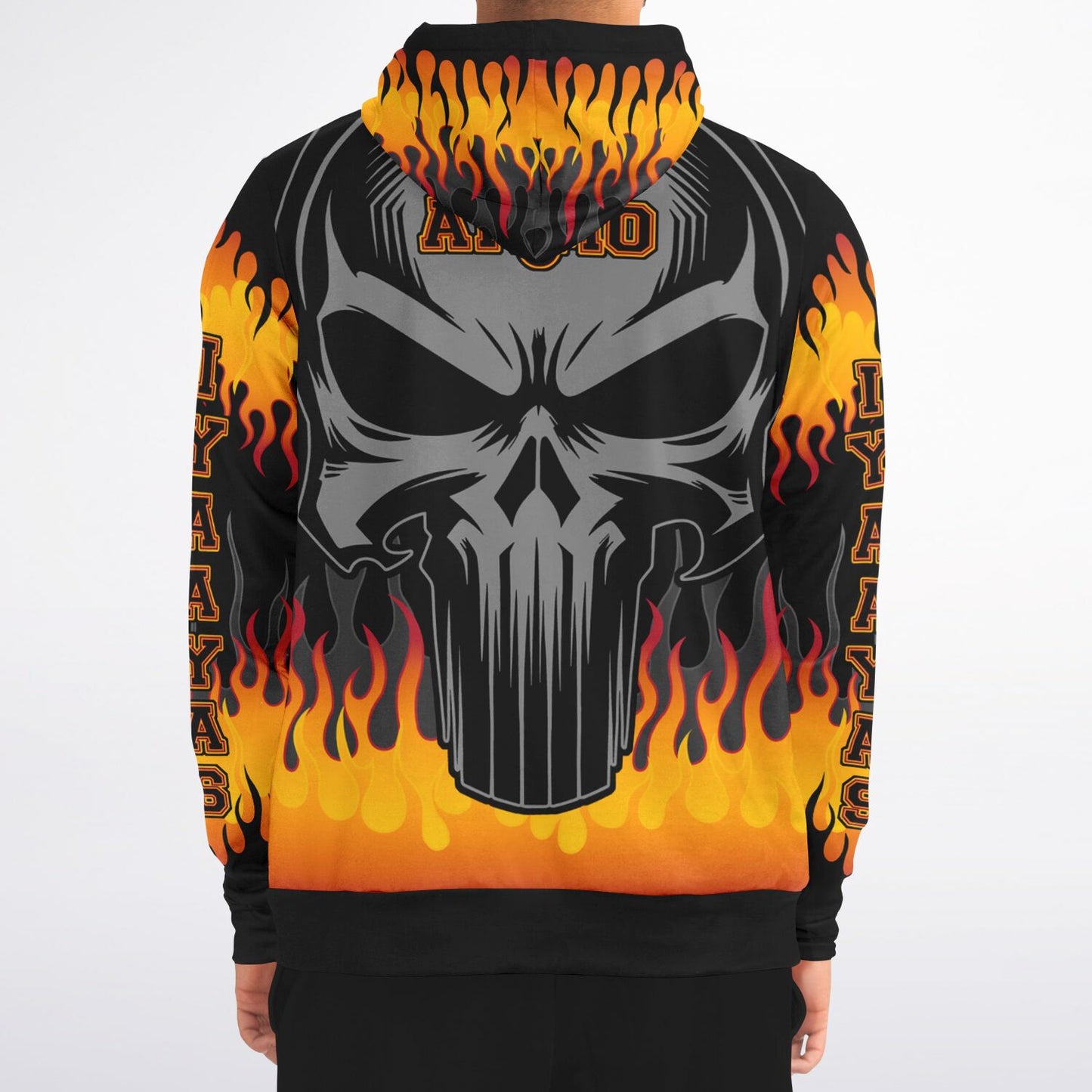 AMMO Skull Orange Fire Flames IYAAYAS Fashion Zip-Up Hoodie - All Over Print