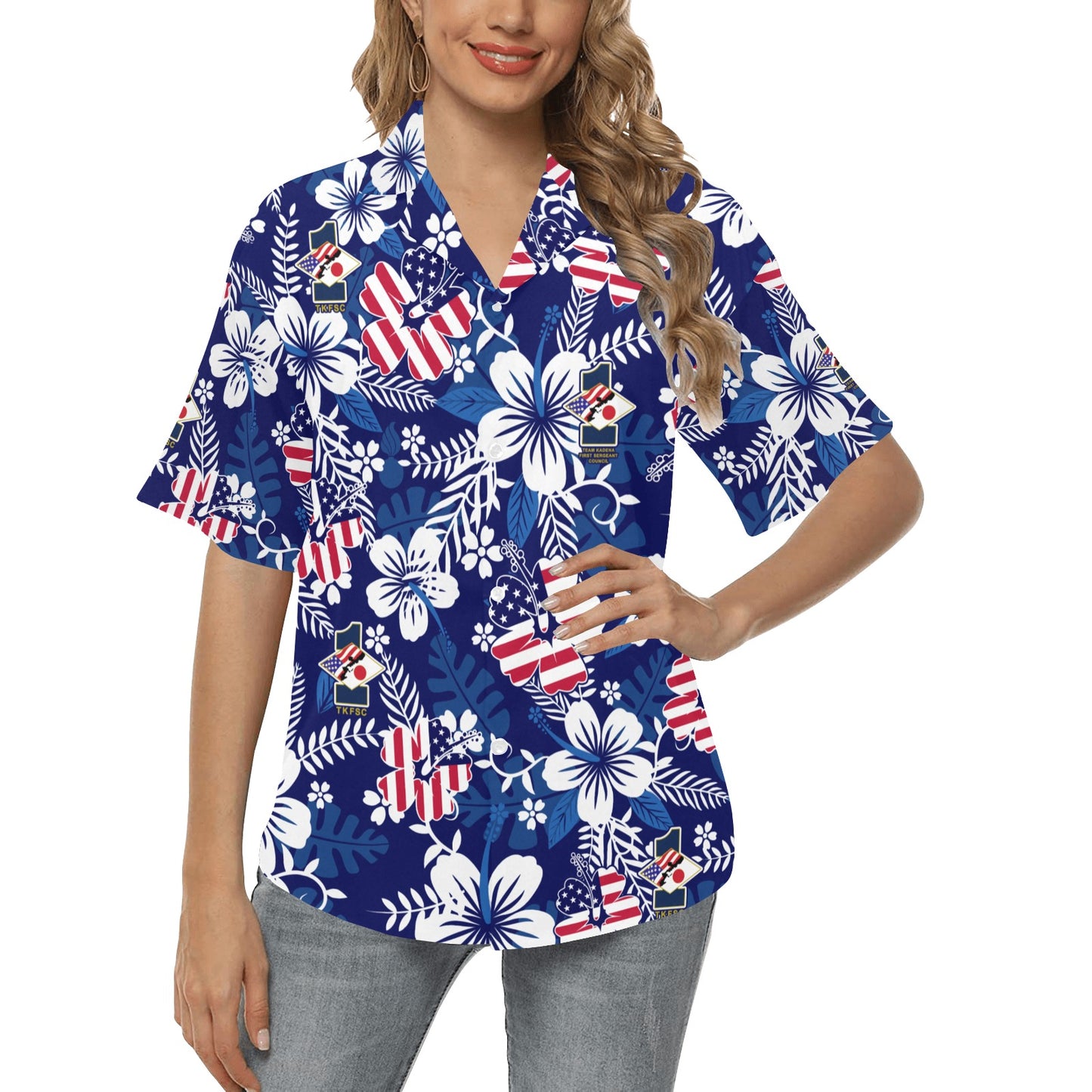 Patriotic American Flag Flowers and Leaves Team Kadena First Sergeant Council Women's No Pocket Hawaiian Shirt