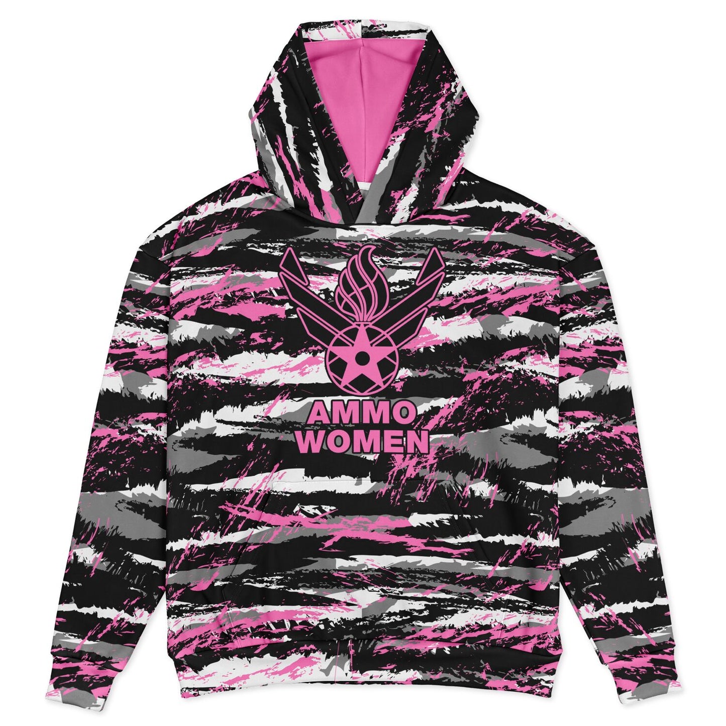 USAF AMMO Women Pink Tiger Stripe Camouflage Heavyweight Oversized Cold Weather Pullover Hoodie - All Over Print