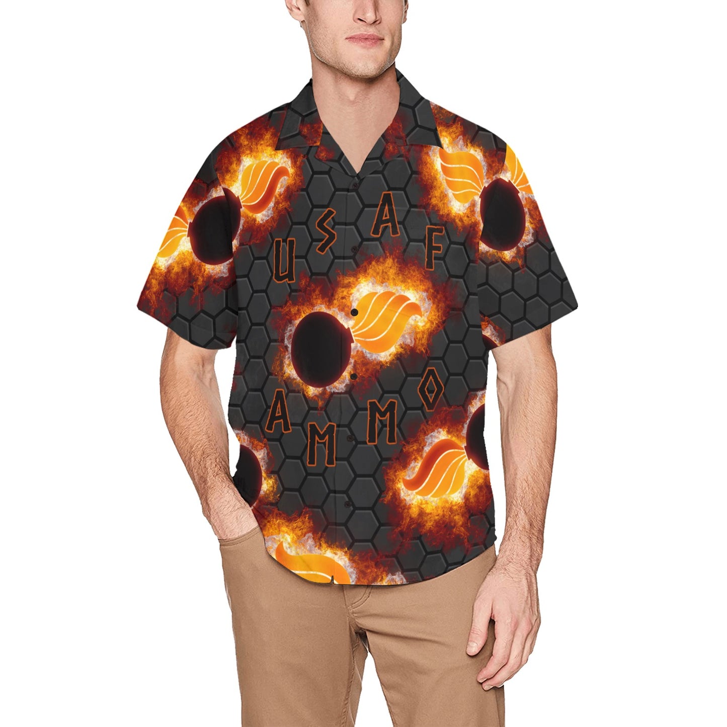 USAF AMMO Flaming Pisspots Hexagon Chrome Background Mens Hawaiian Shirt Front Left Pocket