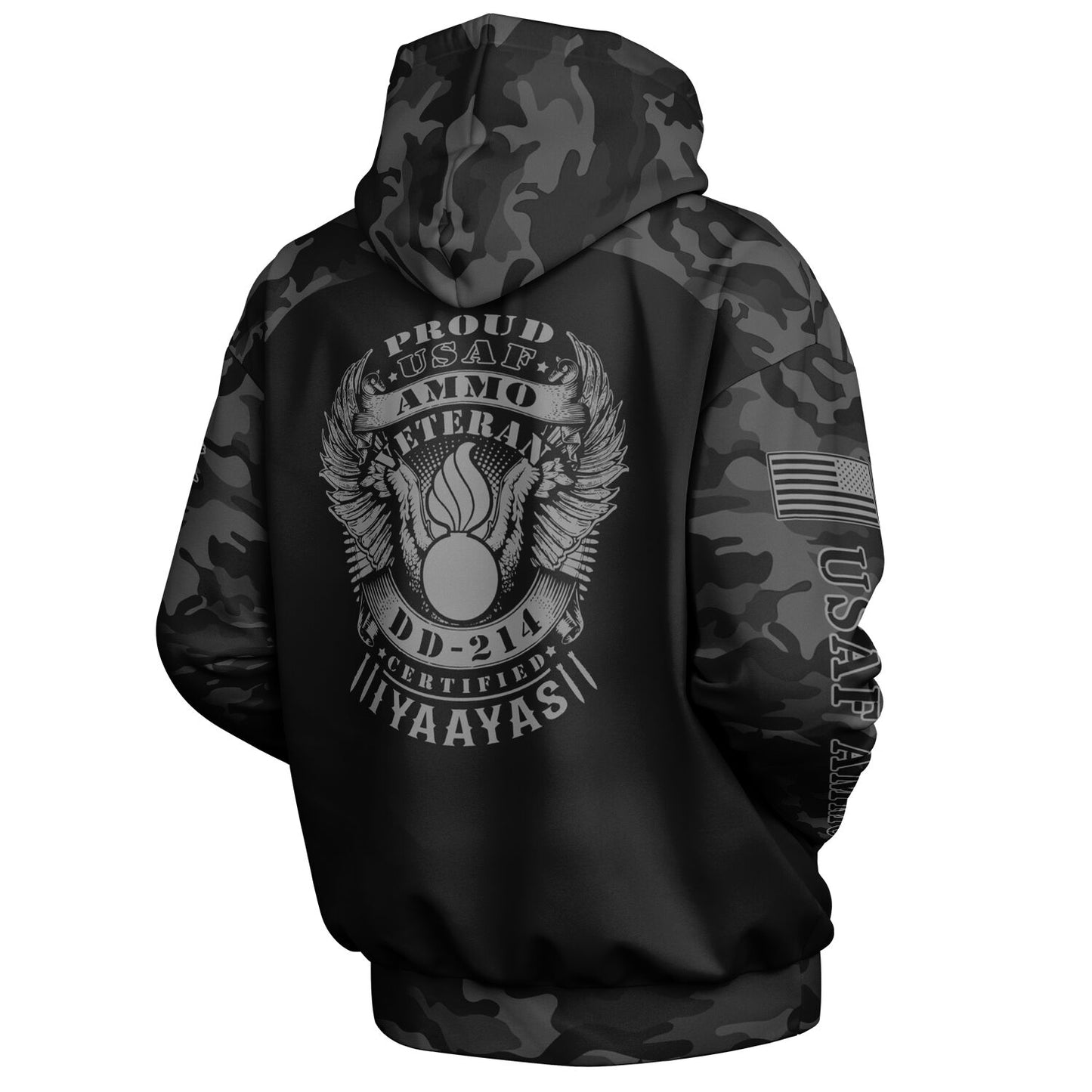 Black and Grey USAF AMMO Veteran DD-214 Heavyweight Oversized Cold Weather Pullover Hoodie - All Over Print