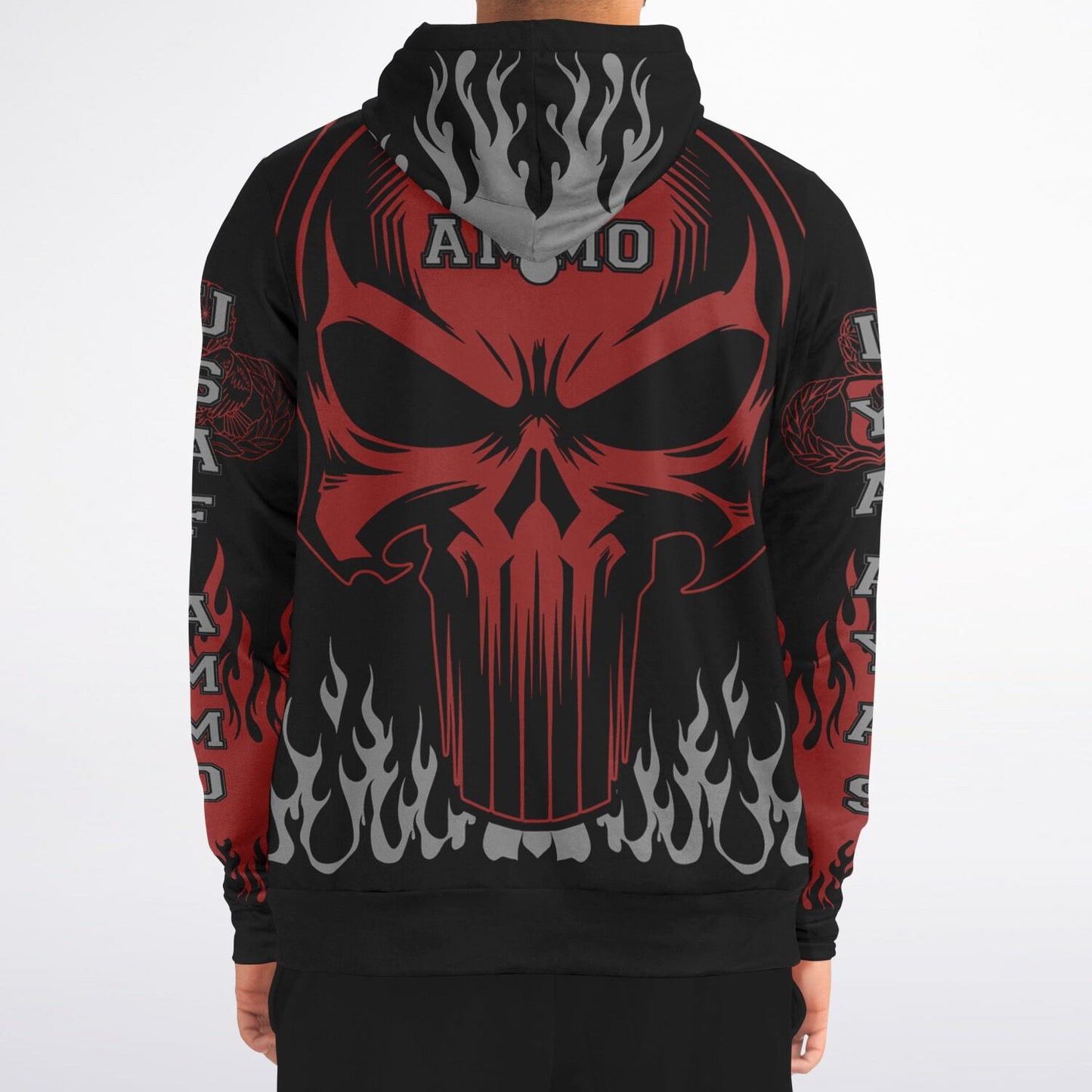 AMMO Skull Flames Black Red Grey Fashion Zip-Up Hoodie - All Over Print