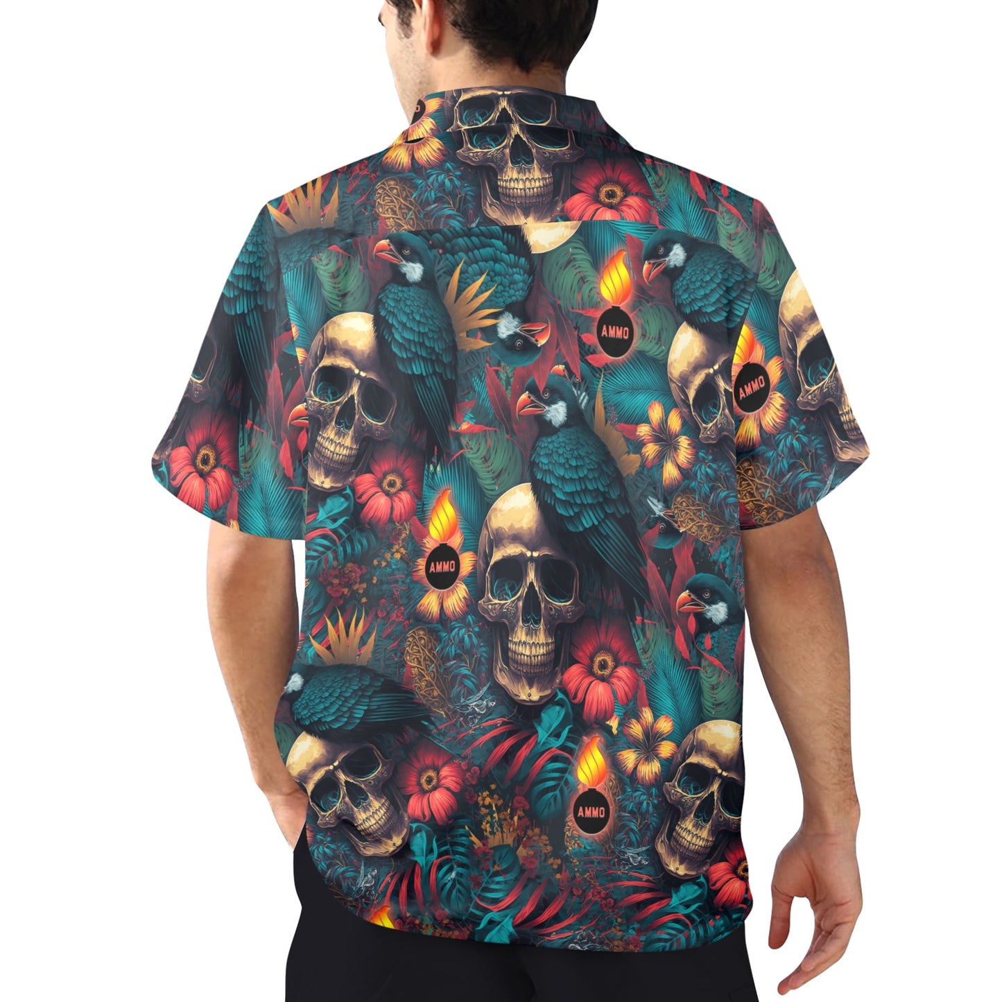 Skulls Birds Flower Leave and Glowing Pisspots Mens Hawaiian Shirt