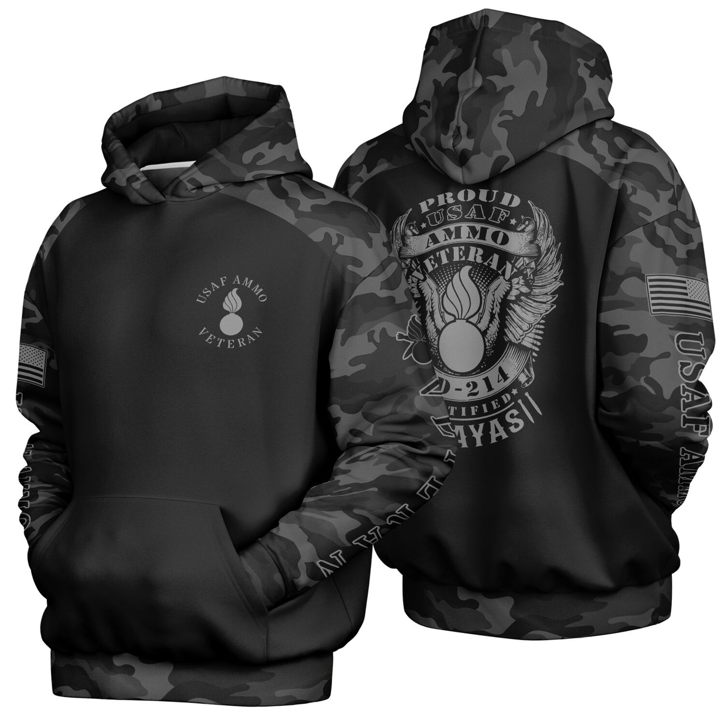 Black and Grey USAF AMMO Veteran DD-214 Heavyweight Oversized Cold Weather Pullover Hoodie - All Over Print