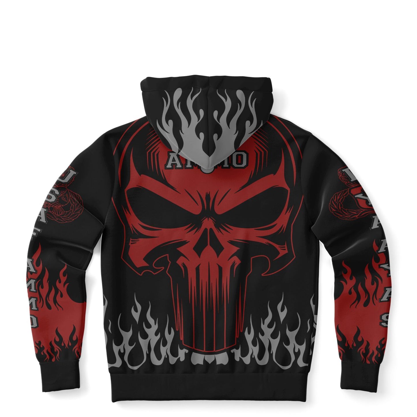 AMMO Skull Flames Black Red Grey Fashion Zip-Up Hoodie - All Over Print