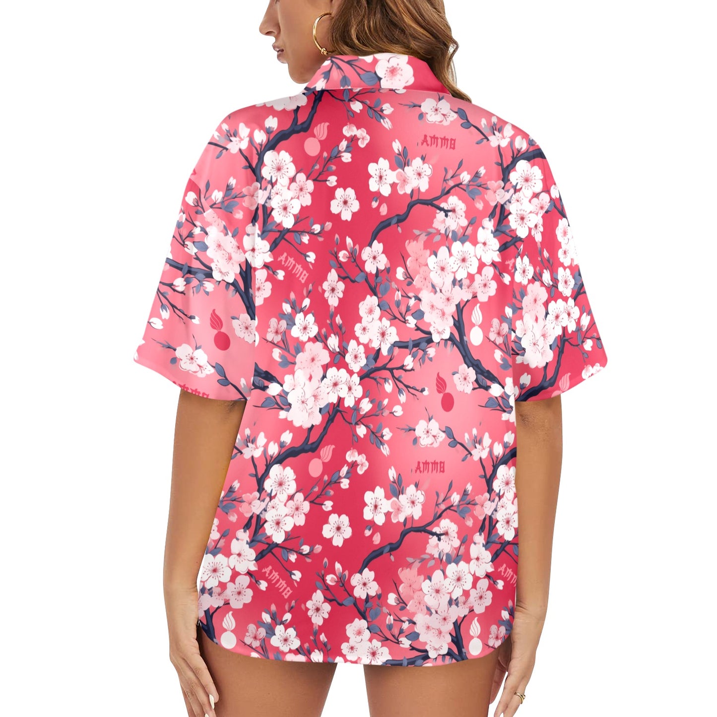 AMMO Pink Sakura Cherry Blossom Pisspots Womens Hawaiian Shirt