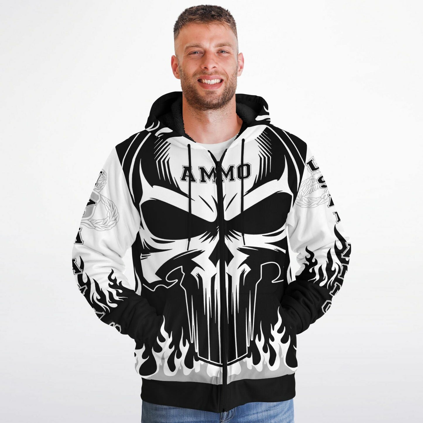 AMMO Skull Flames Black White Grey Microfleece Cold Weather Zip-Up Hoodie - All Over Print