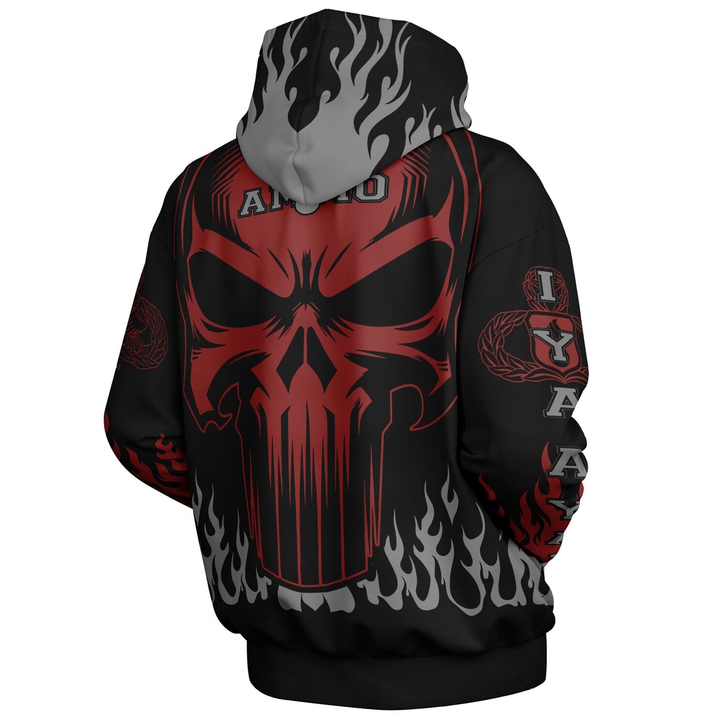 AMMO Skull Flames Black Red Grey Heavyweight Oversized Cold Weather Pullover Hoodie - All Over Print