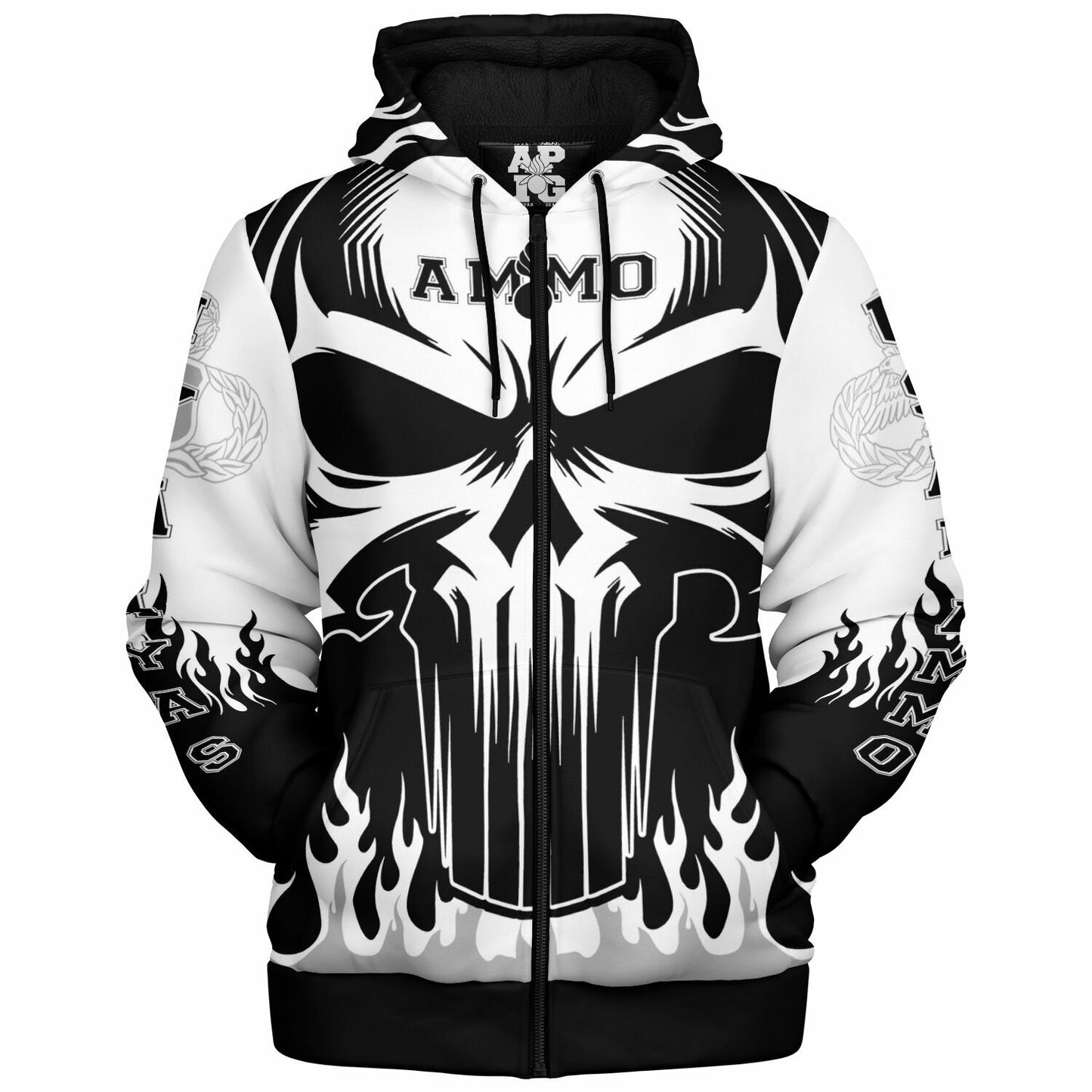 AMMO Skull Flames Black White Grey Microfleece Cold Weather Zip-Up Hoodie - All Over Print