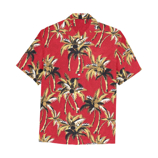 Retro Red With Palm Trees and Pisspots Mens Hawaiian Shirt With Front Left Pocket