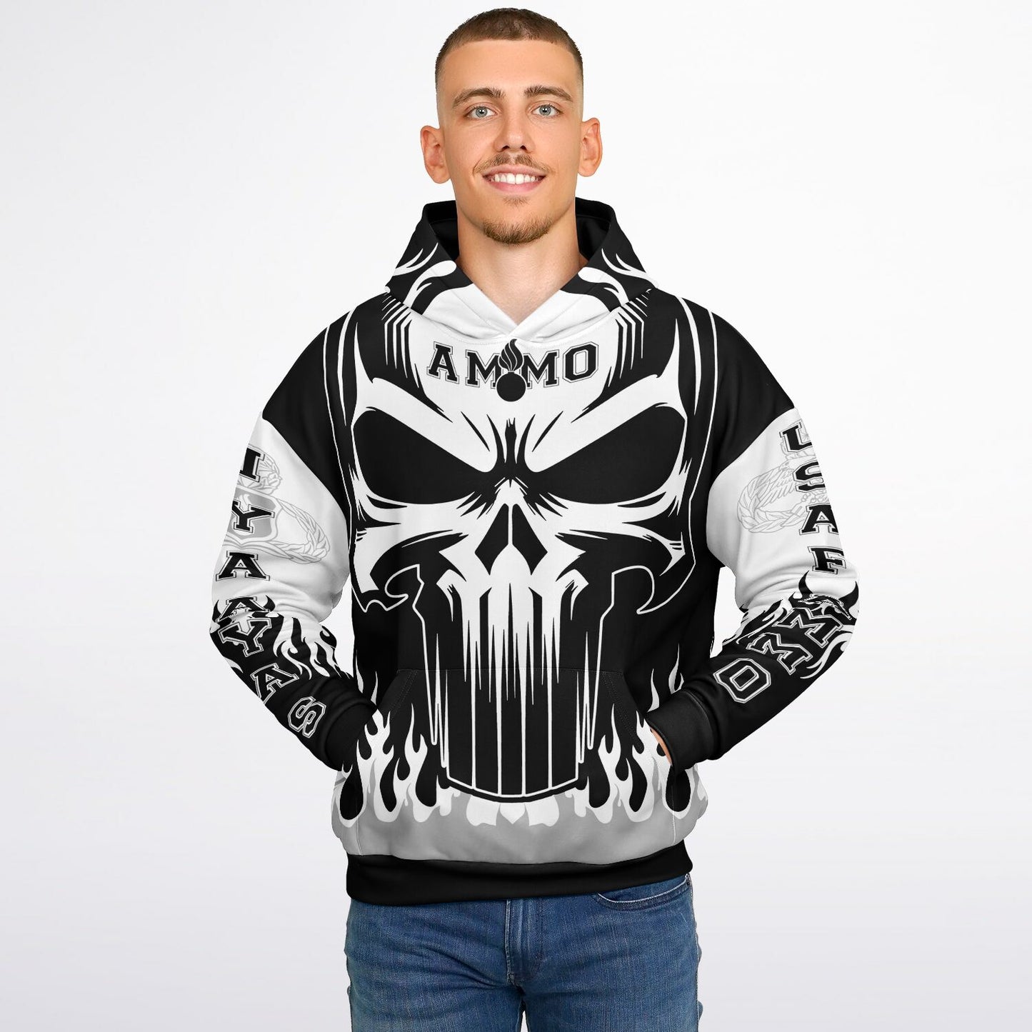 AMMO Skull Flames Black White Grey Heavyweight Oversized Cold Weather Pullover Hoodie - All Over Print