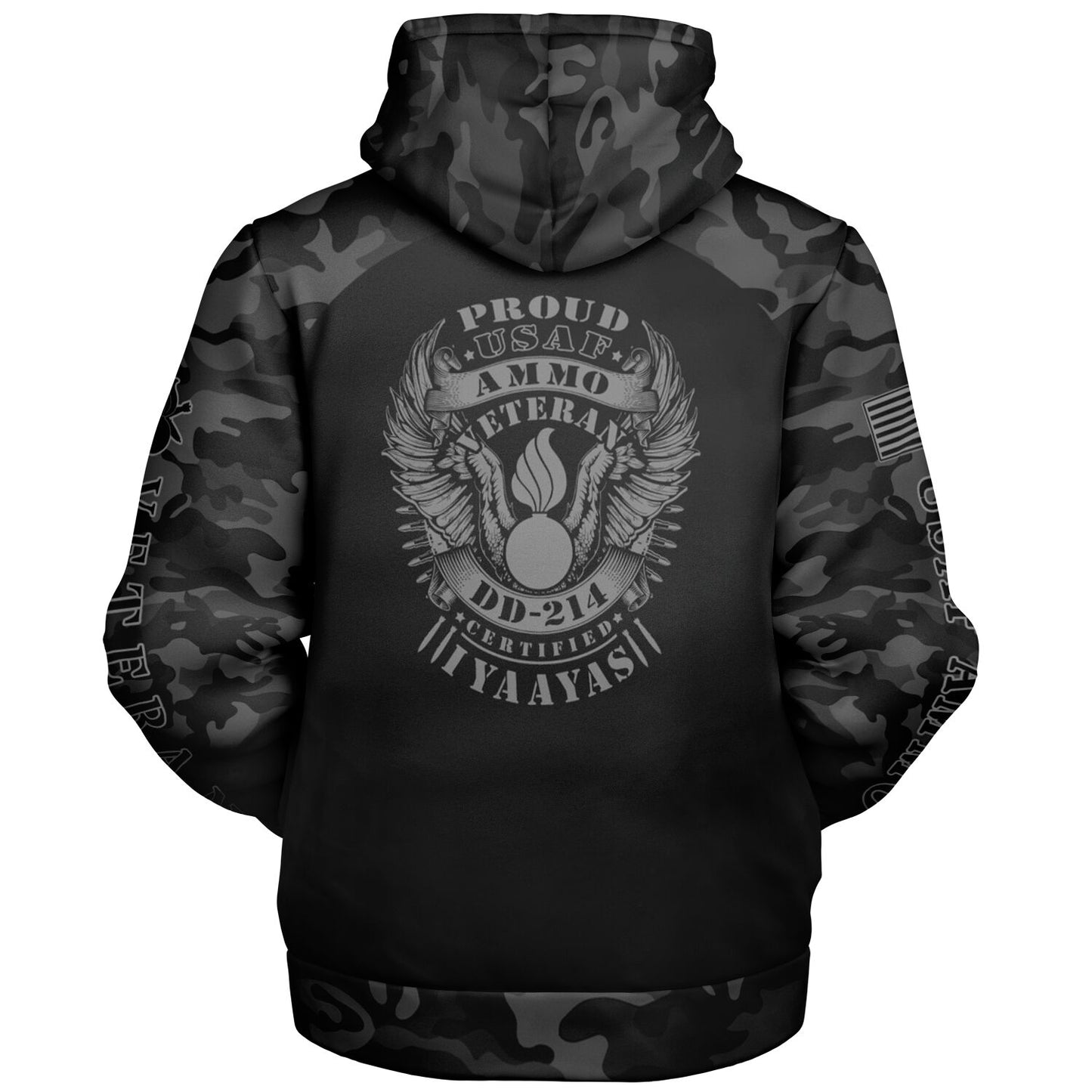 Black and Grey USAF AMMO Veteran DD-214 Microfleece Cold Weather Zip-Up Hoodie - All Over Print