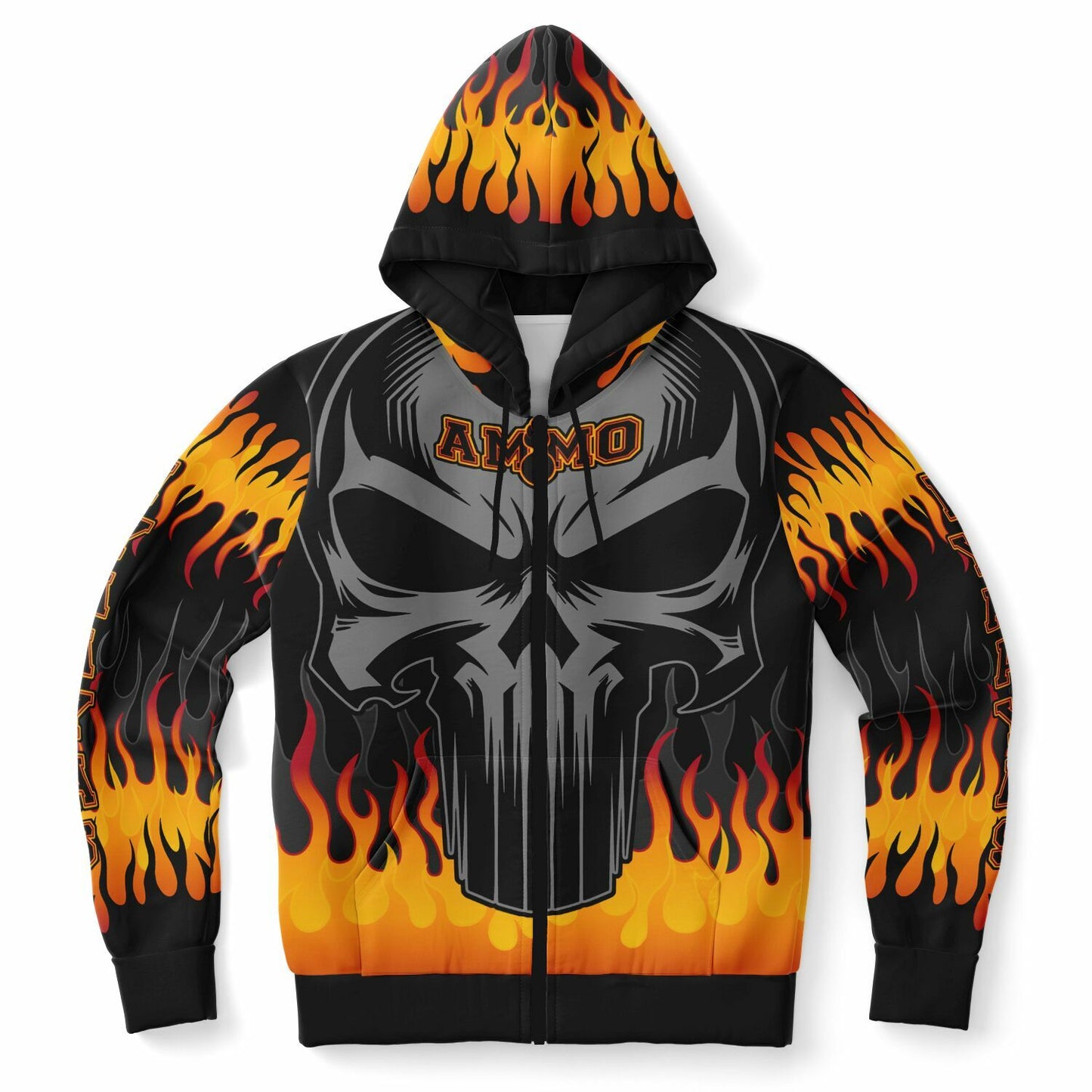 AMMO Skull Orange Fire Flames IYAAYAS Fashion Zip-Up Hoodie - All Over Print