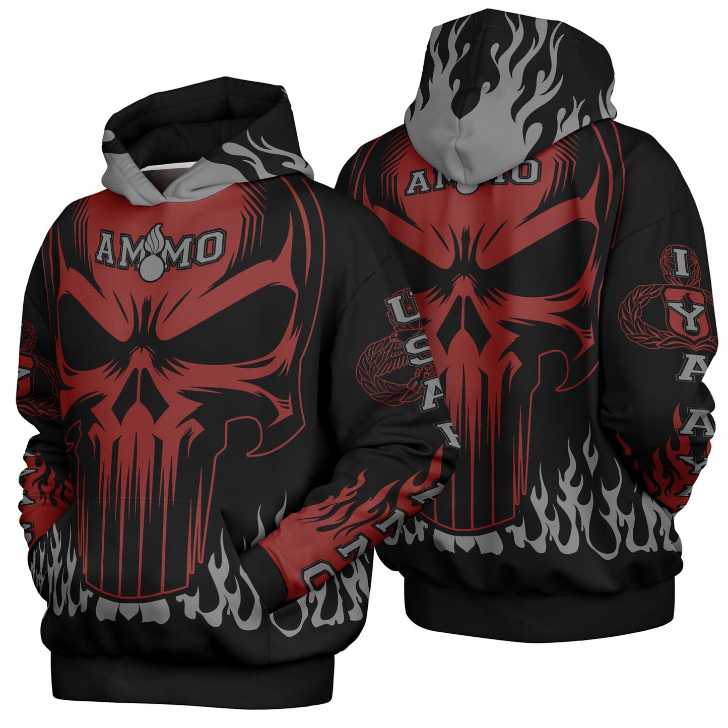 AMMO Skull Flames Black Red Grey Heavyweight Oversized Cold Weather Pullover Hoodie - All Over Print